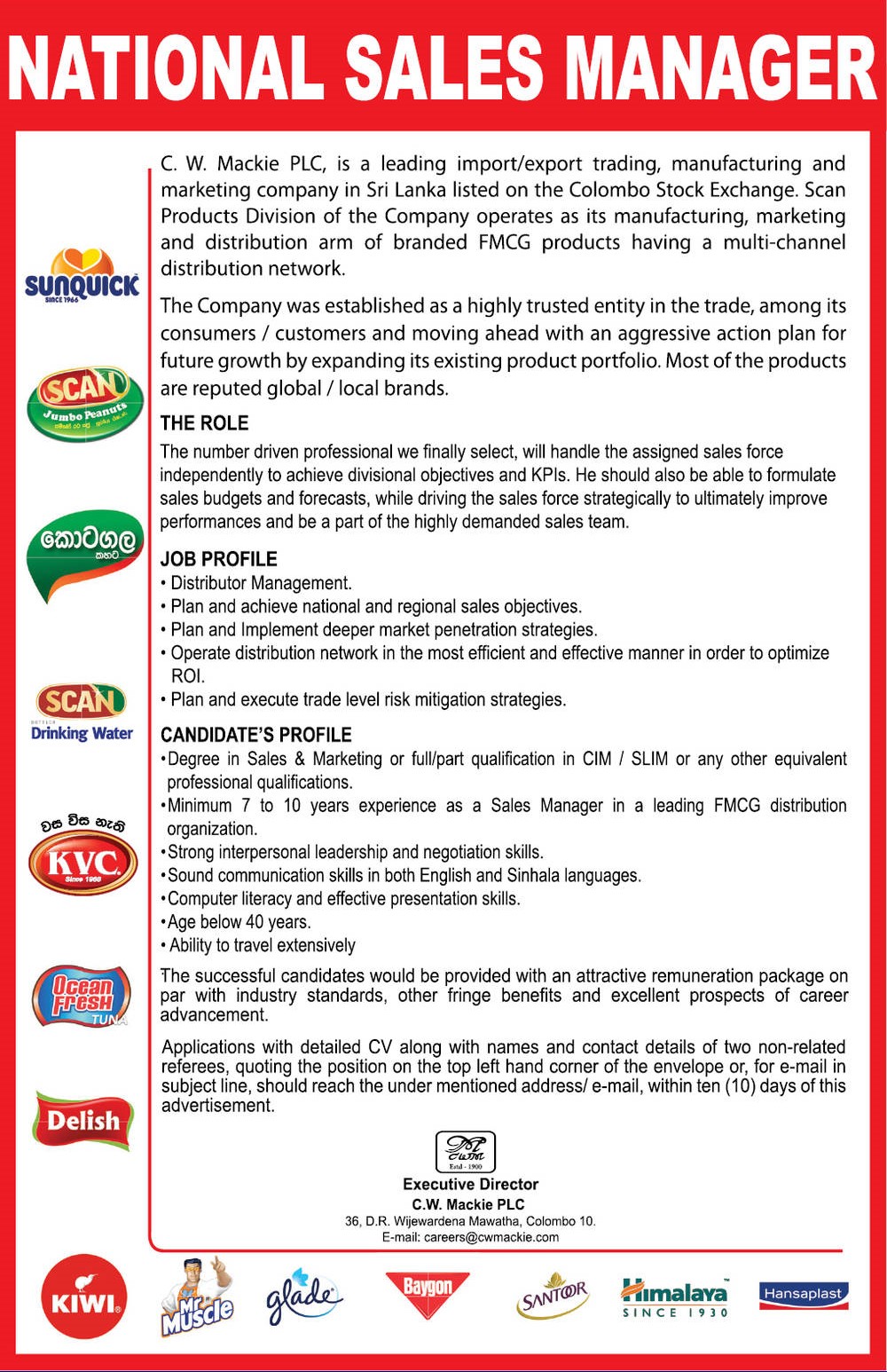 National Sales Manager Job Vacancy - C W Mackie PLC Jobs Vacancies Details