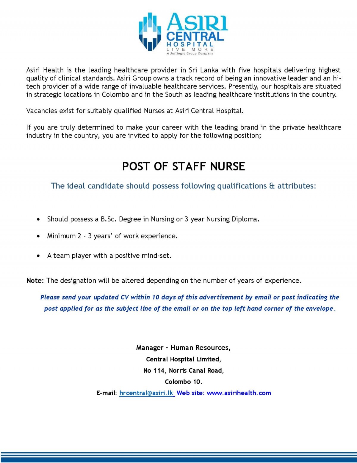 Nursing Officer Jobs Vacancies - Asiri Hospital Job Vacancy Details