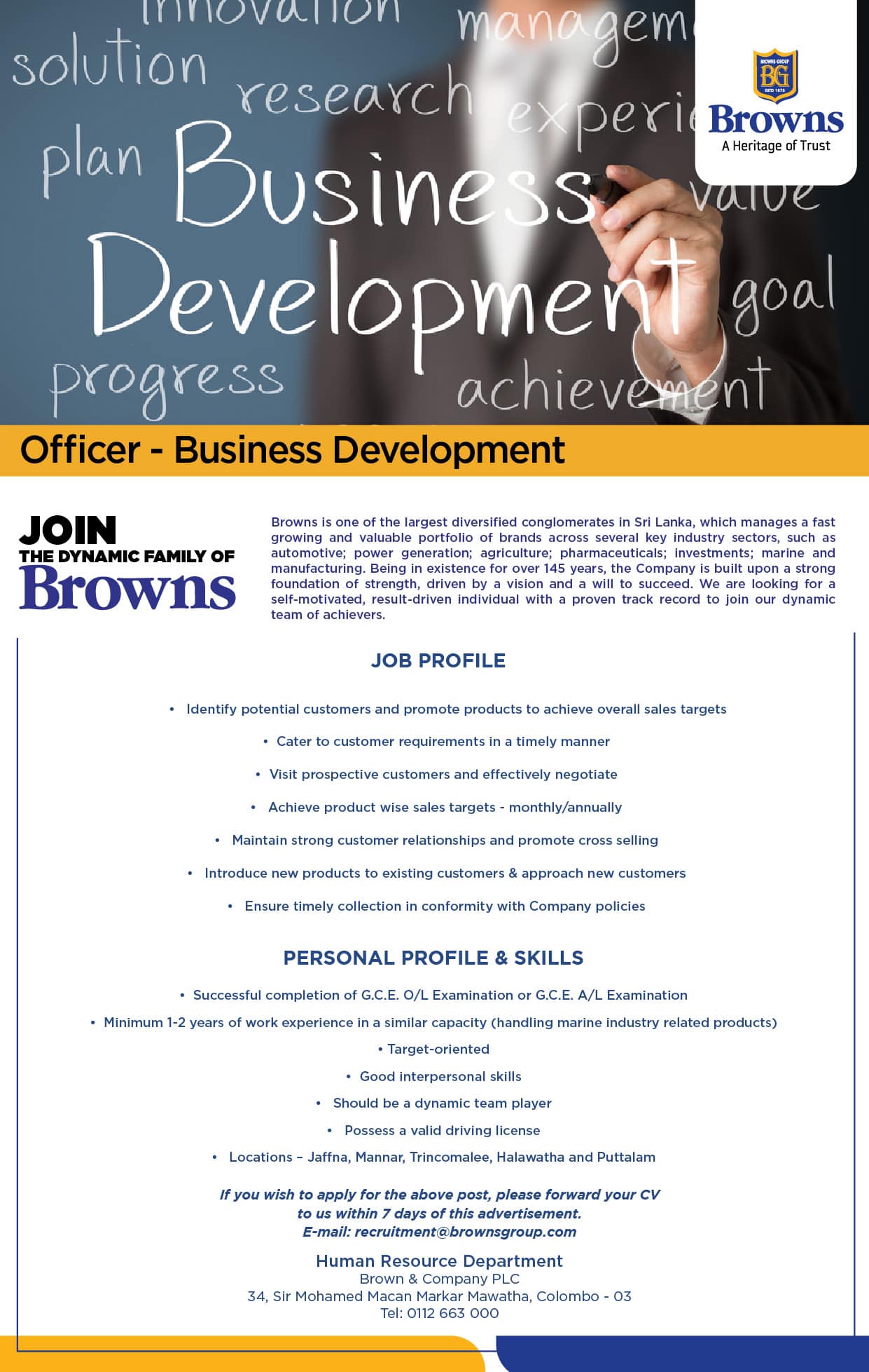Officer (Business Development) Jobs Vacancies - Brown and Company Jobs Details