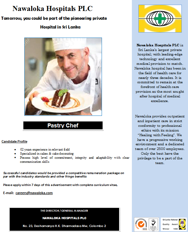 Pastry Chef Jobs Vacancies - Nawaloka Hospitals Jobs Vacancies