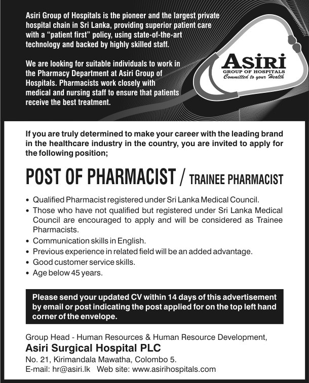 Pharmacist / Trainee Pharmacist Jobs Vacancies - Asiri Hospital Job Vacancy Details