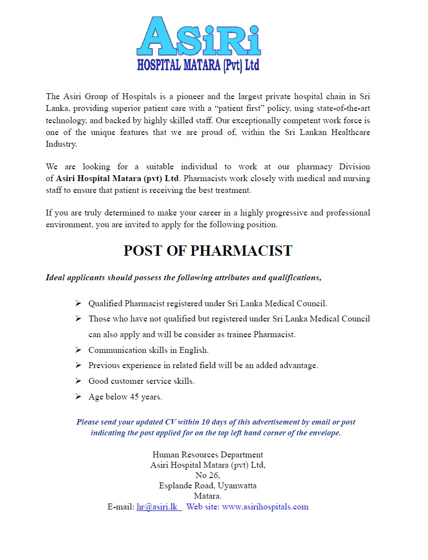 Pharmacist Jobs Vacancies - Asiri Hospital Matara Jobs Vacancy Details