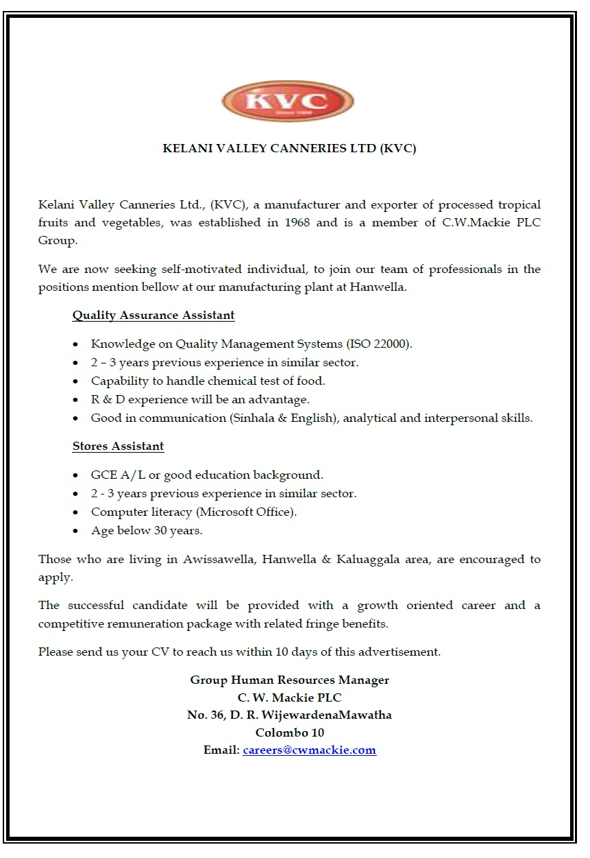 Quality Assurance Assistant Job Vacancy - C W Mackie PLC Jobs Vacancies Details
