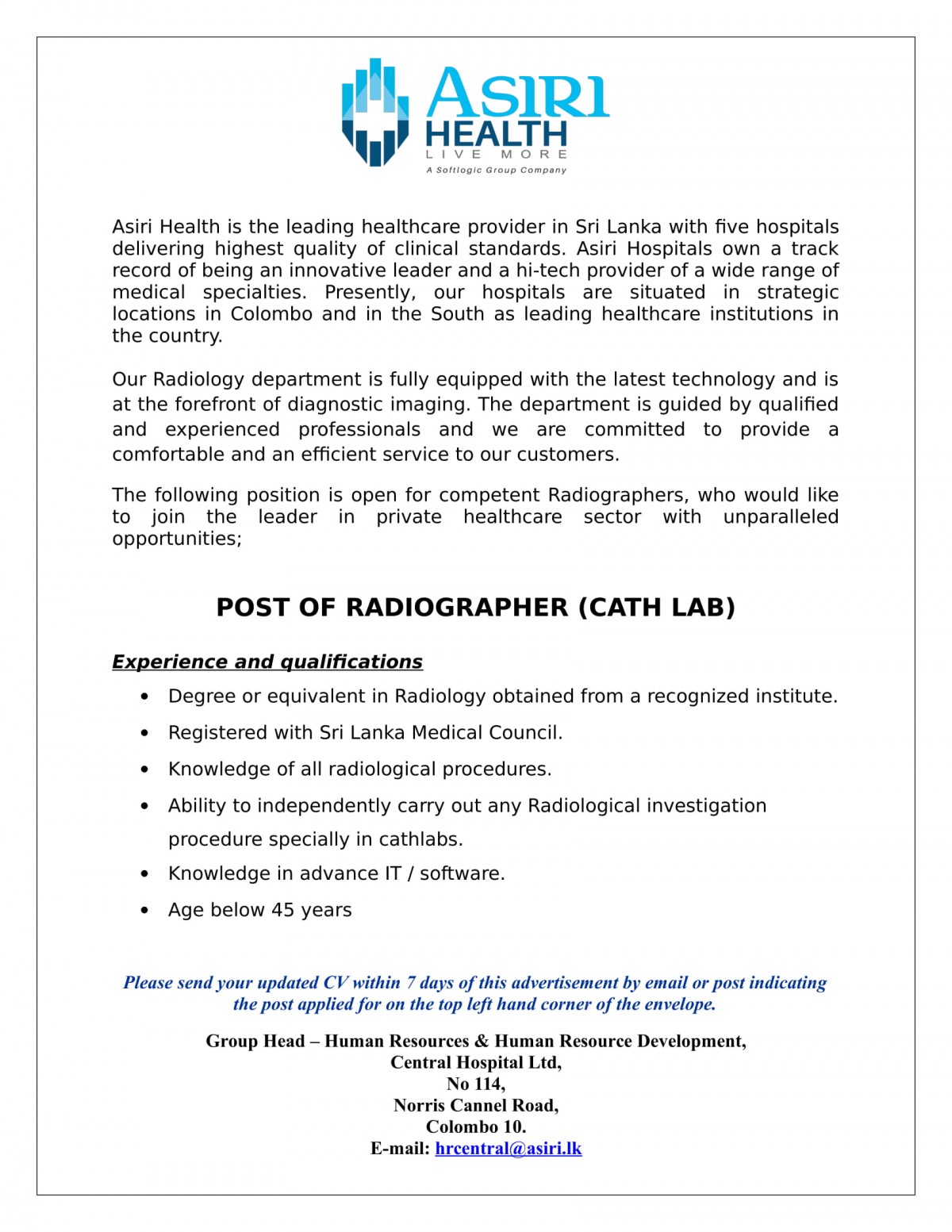 Radiographer Jobs Vacancies - Asiri Hospital Sri Lanka Job Vacancy