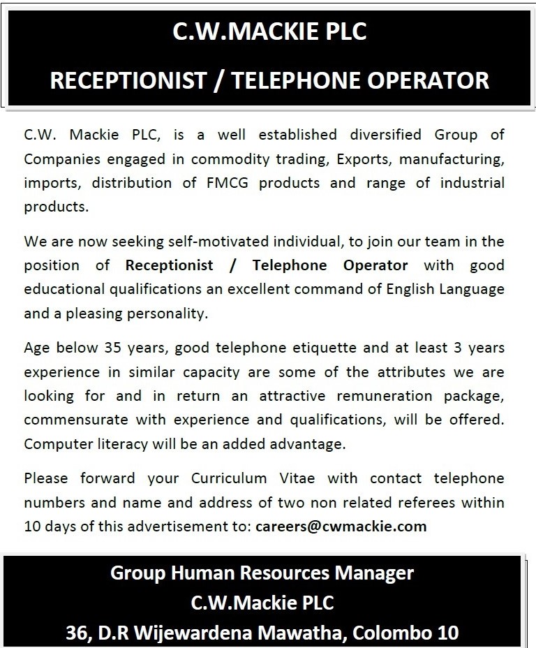 Receptionist / Telephone Operator Jobs Vacancies - C W Mackie PLC Jobs Vacancy