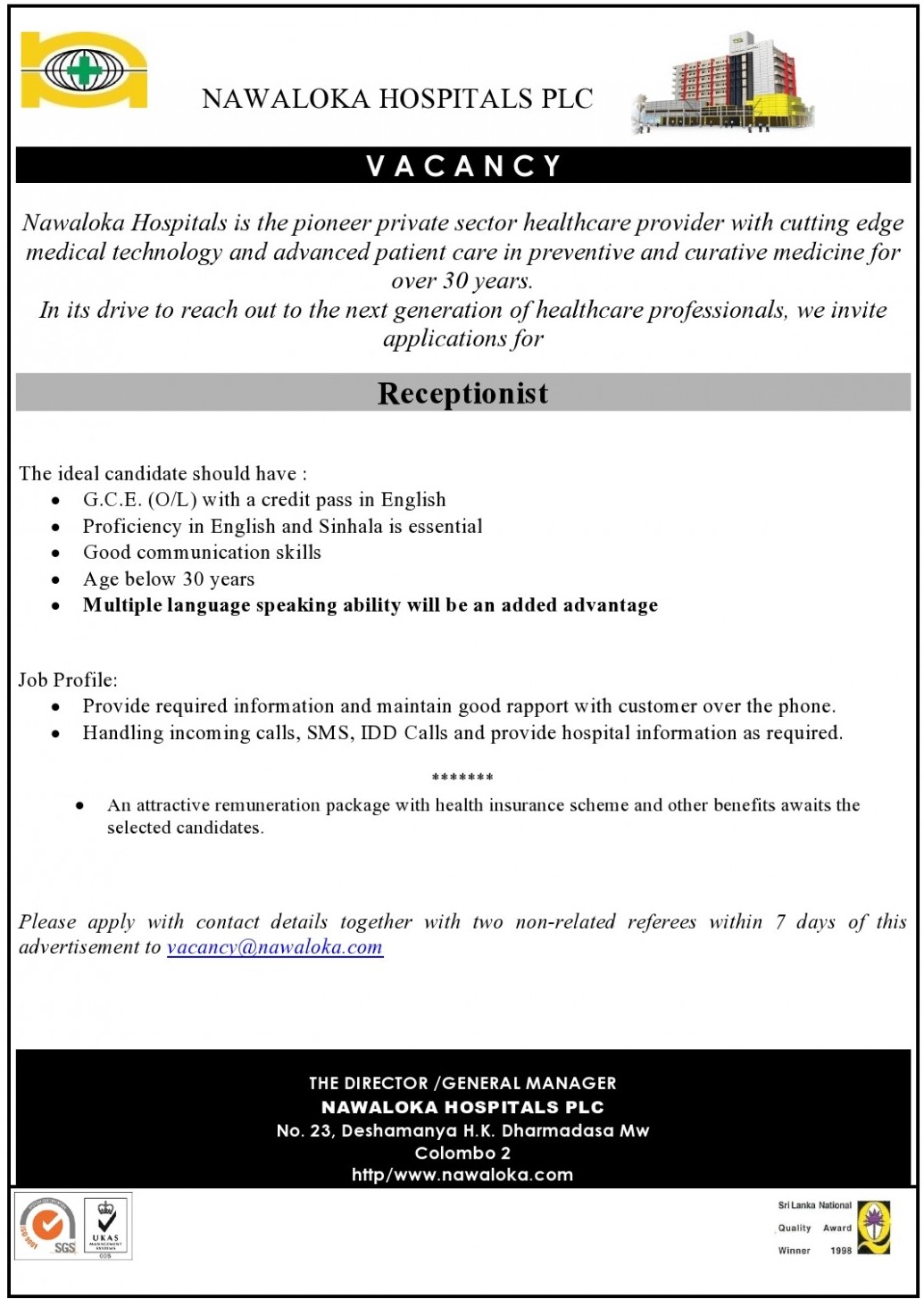 Receptionist Jobs Vacancies - Nawaloka Hospitals Job Vacancy Details
