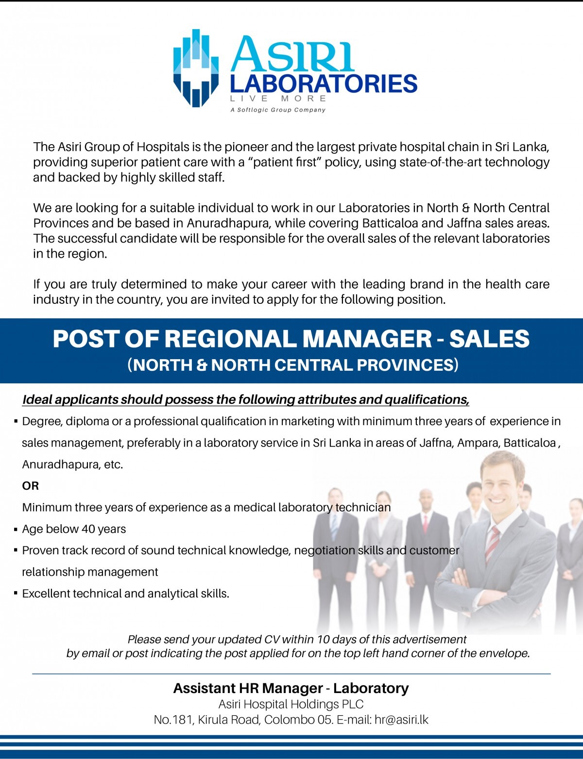 Regional Manager (Sales) Jobs Vacancies - Asiri Hospital Job Vacancy