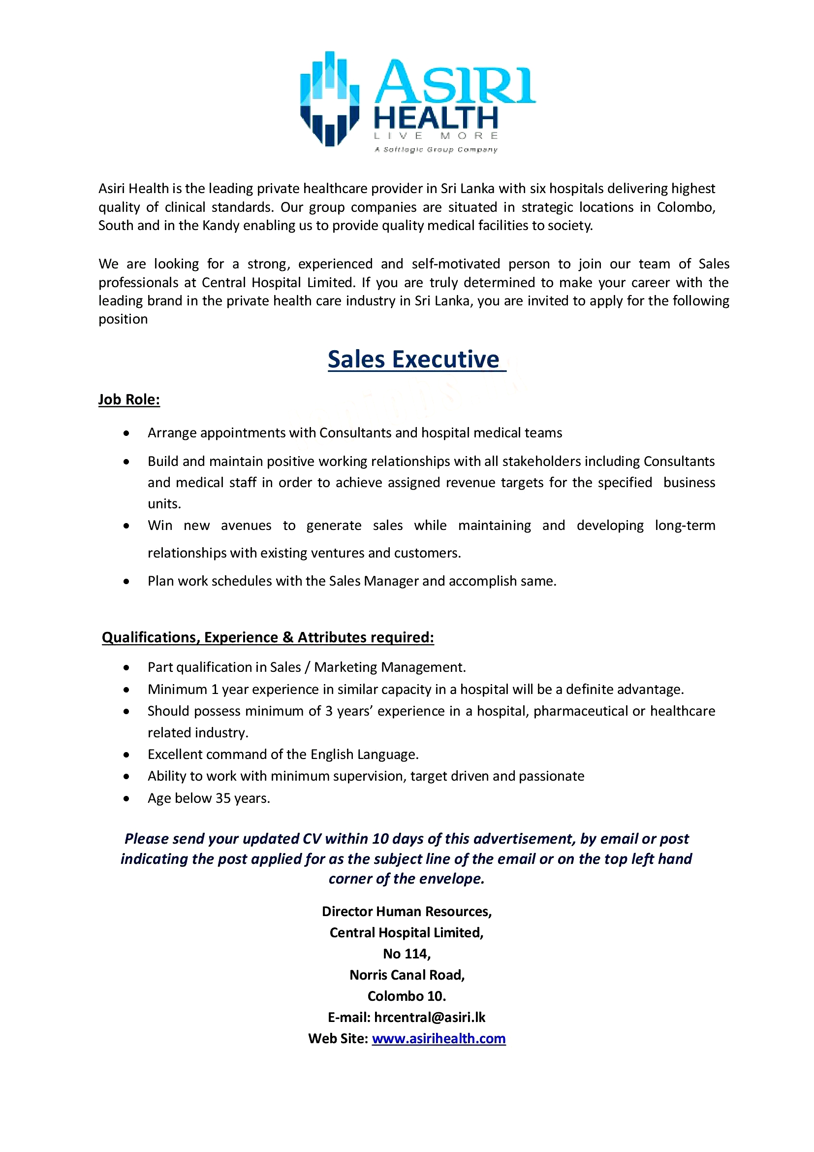 Sales Executive Jobs Vacancies – Asiri Hospital Sri Lanka Job Vacancy Details