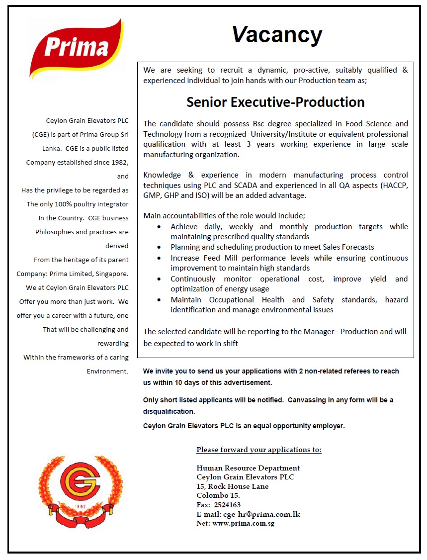 Senior Executive (Production) Job Vacancy - Ceylon Grain Elevators Jobs Vacancies Details