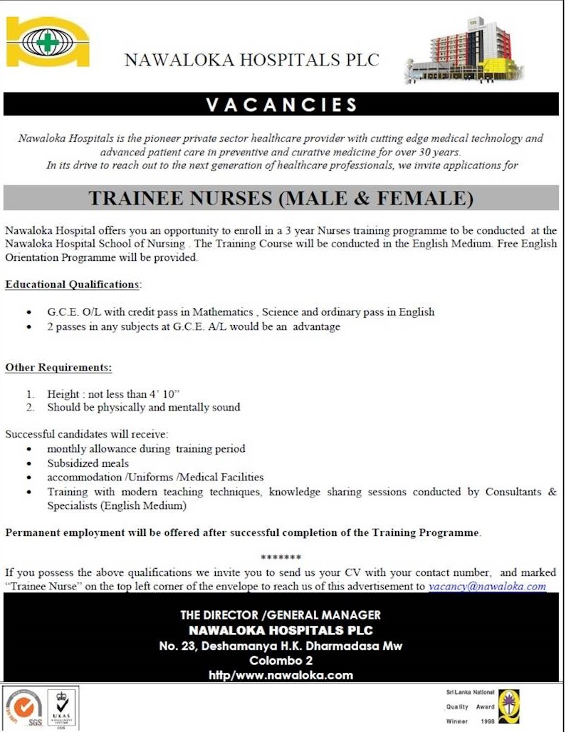 Trainee Nurses (Male & Female) Jobs Vacancies - Nawaloka Hospitals Jobs Vacancy Details