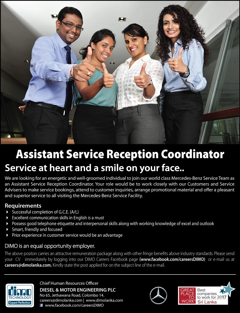 Assistant Service Reception Coordinator Vacancies - DIMO Sri Lanka Jibs Details