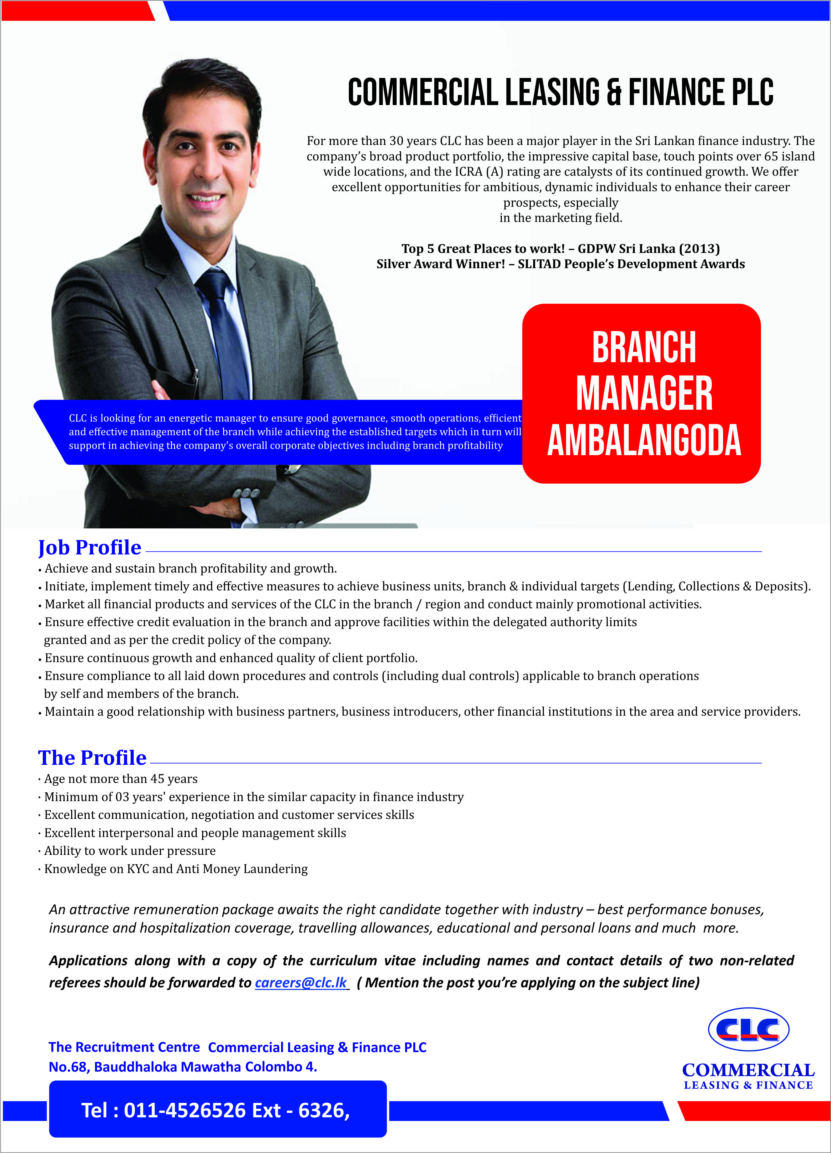 Branch Manager Job Vacancy - Ambalangoda Commercial Leasing Jobs Vacancies