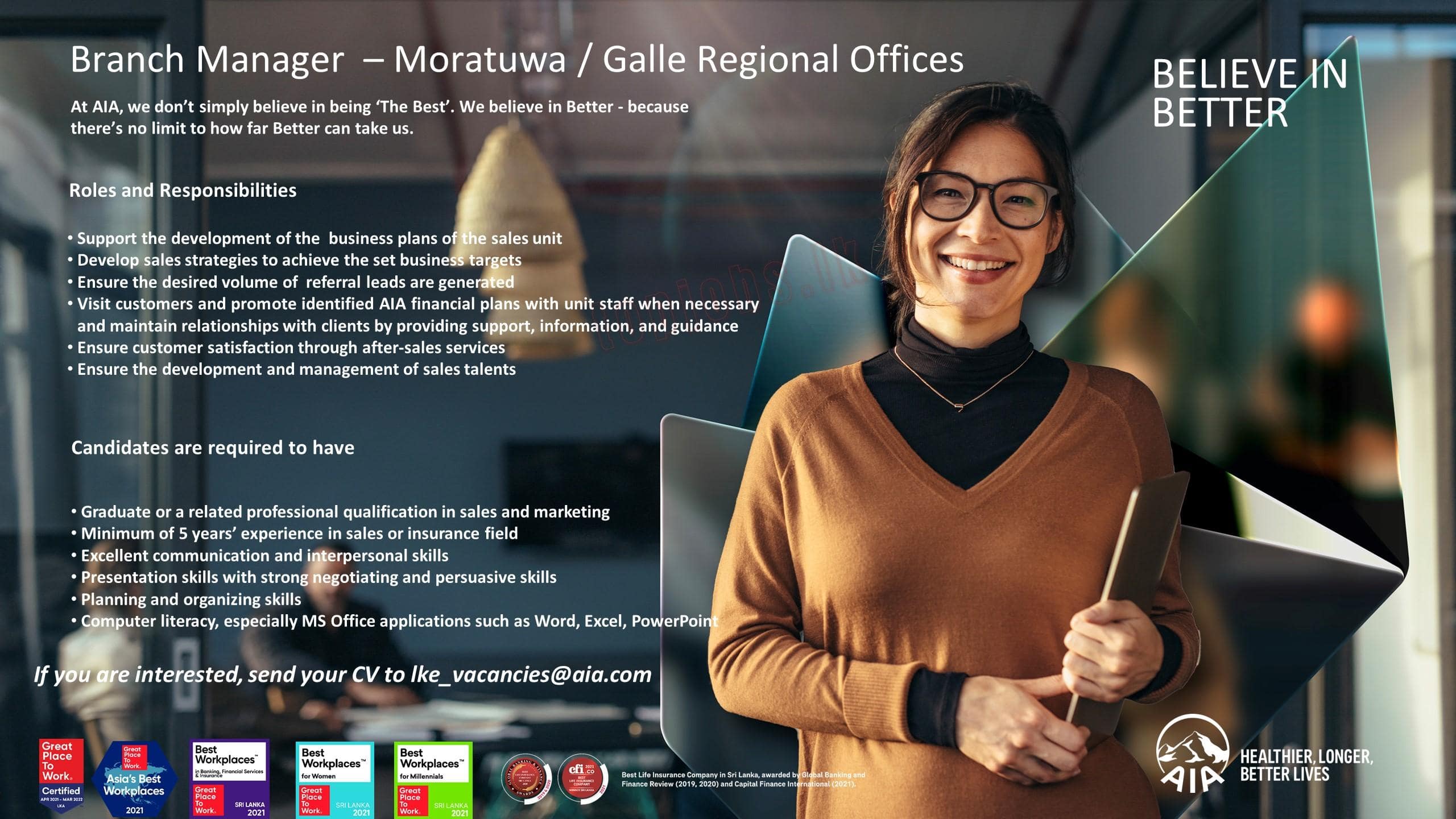 Branch Manager Vacancies - Moratuwa / Galle AIA Insurance Jobs Vacancies Details