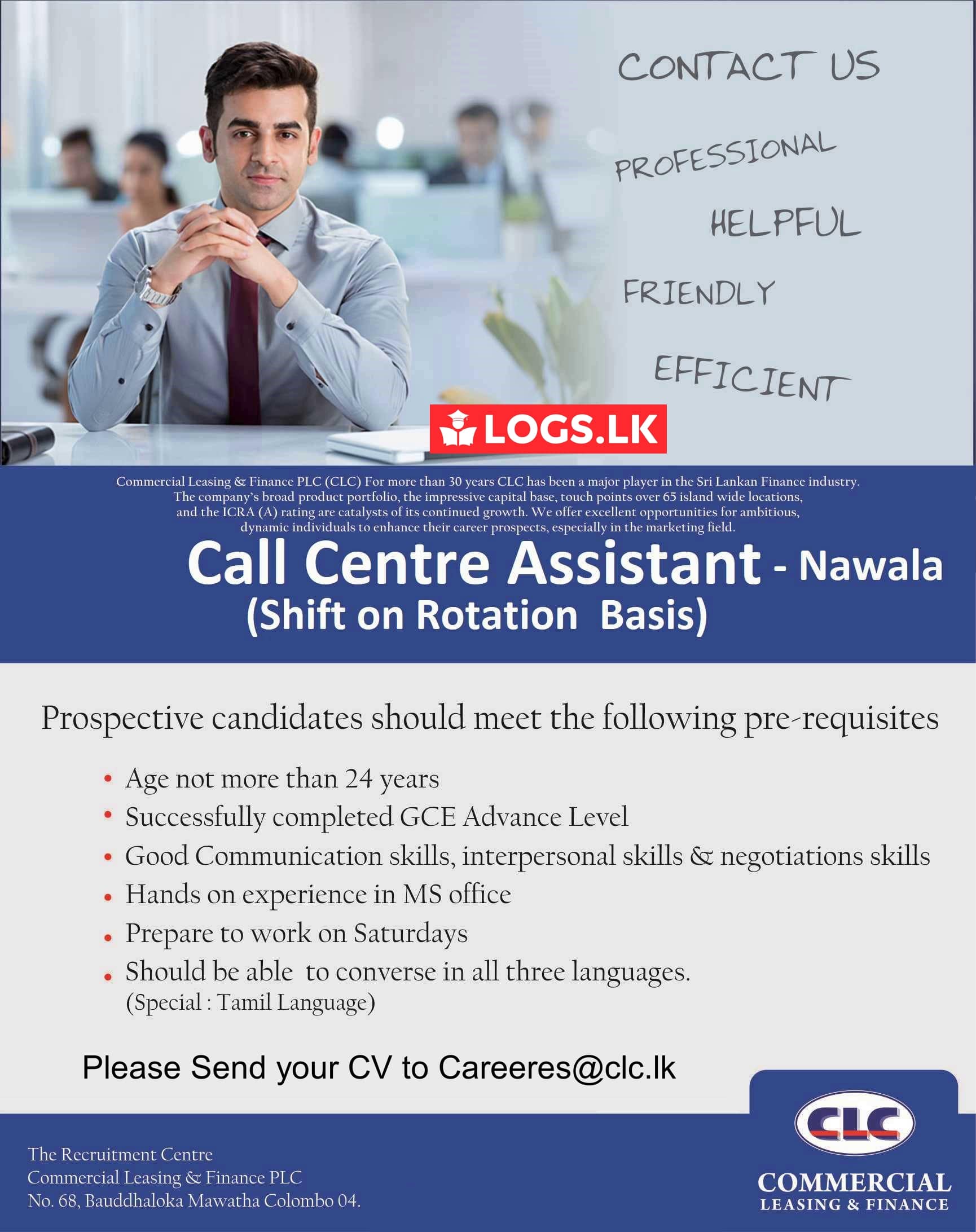 Call Centre Assistant Jobs Vacancies - Commercial Leasing & Finance Details