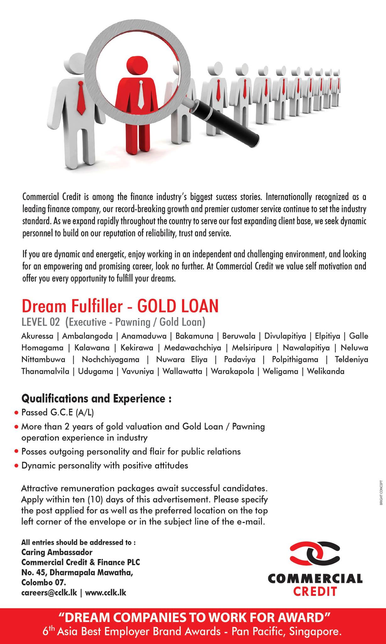 Dream Fulfiller Jobs Vacancies - Commercial Credit & Finance PLC Jobs Vacancy Details