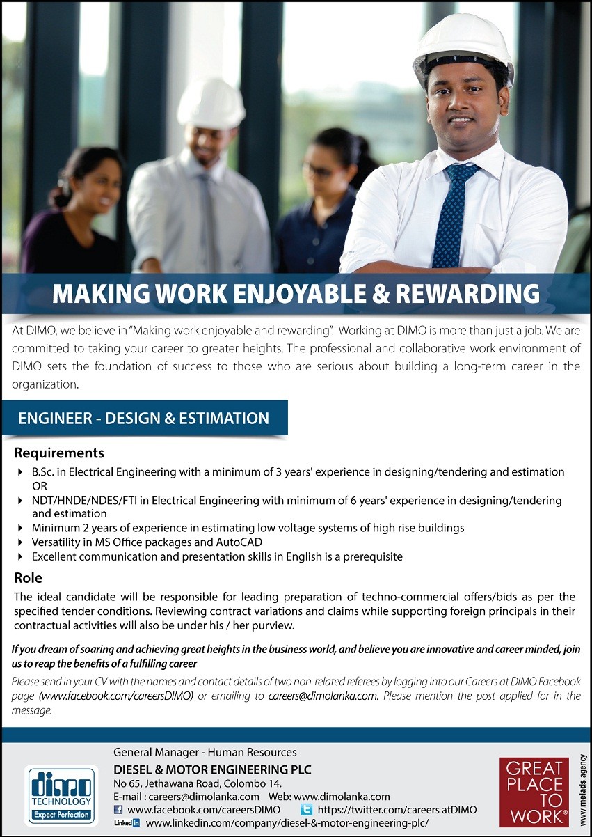 Engineer (Design & Estimation) Vacancy - Diesel & Motor Engineering PLC (DIMO) Jobs Vacancy