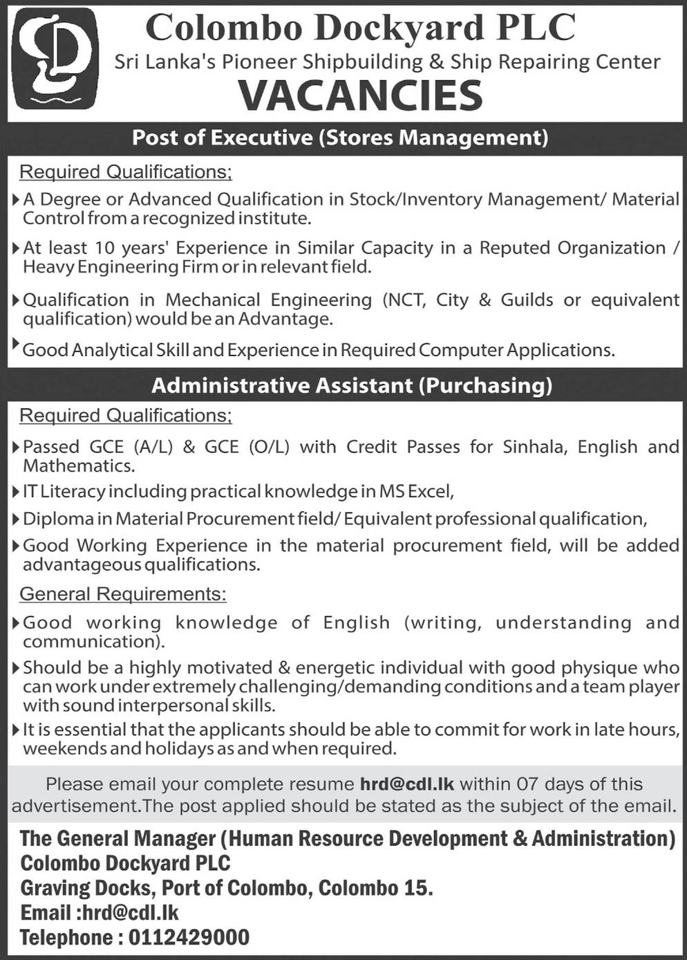 Executive / Administrative Assistant Jobs Vacancies - Colombo Dockyard Jobs Vacancy Details