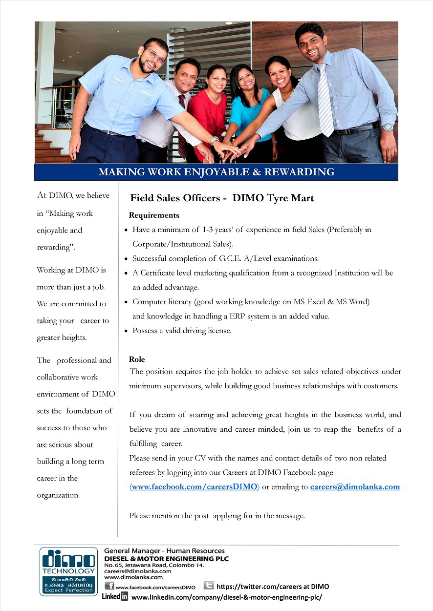 Field Sales Officers (DIMO Tyre Mart) Jobs Vacancies - DIMO Sri Lanka Jobs Details