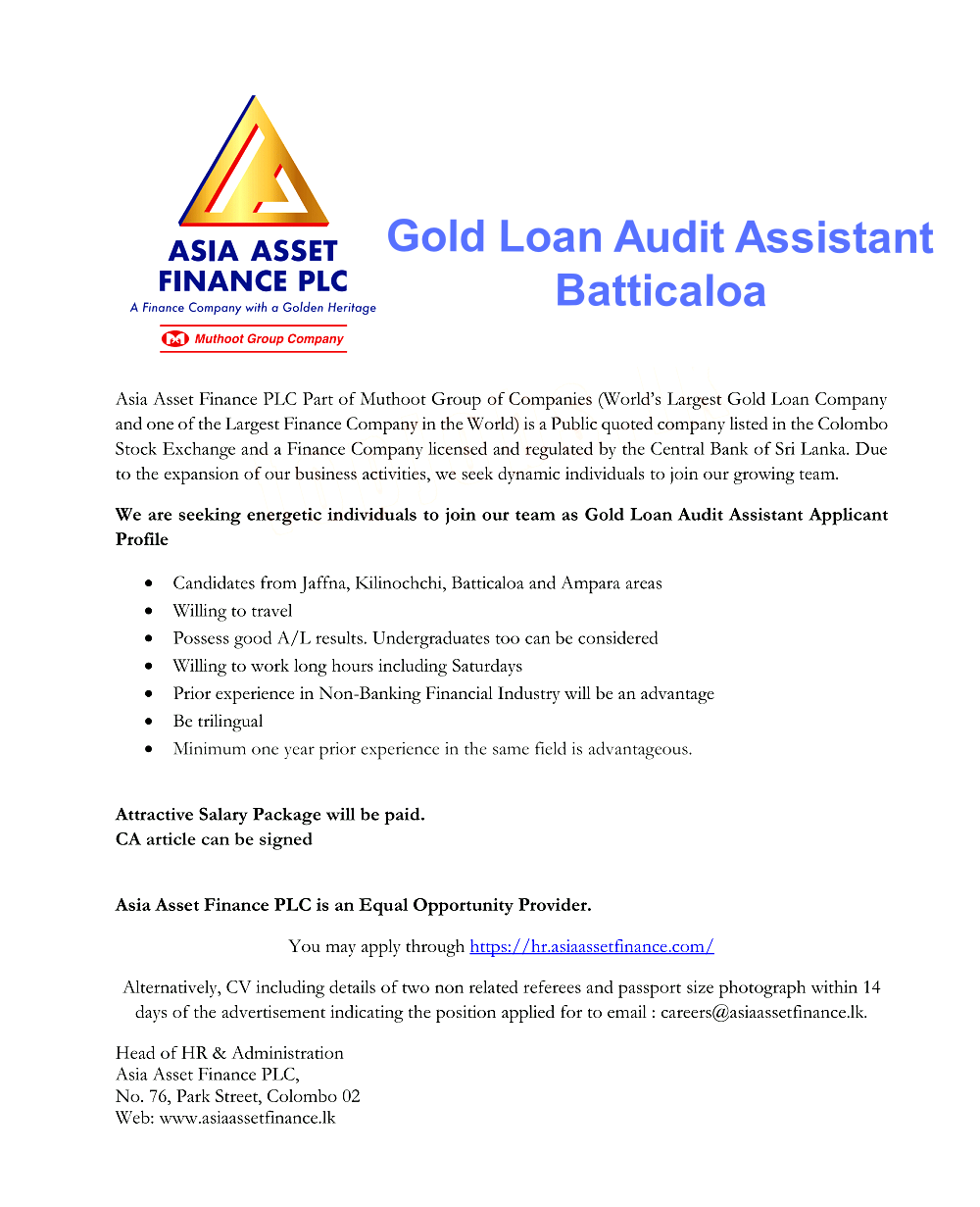 Gold Loan Audit Assistant Job Vacancy - Batticaloa Asia Asset Finance Jobs Details