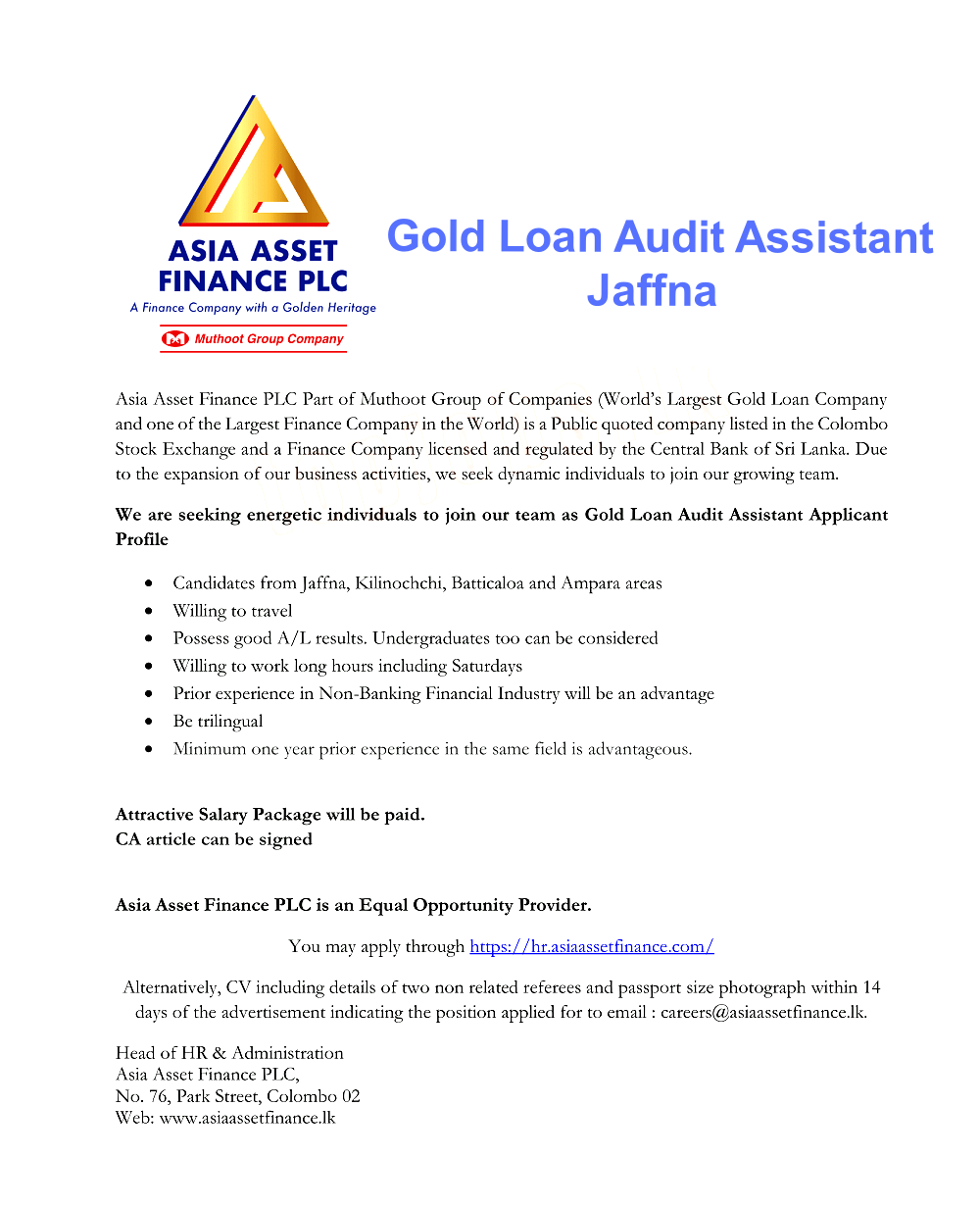 Gold Loan Audit Assistant Job Vacancy - Jaffna Asia Asset Finance Jobs Vacancies Details