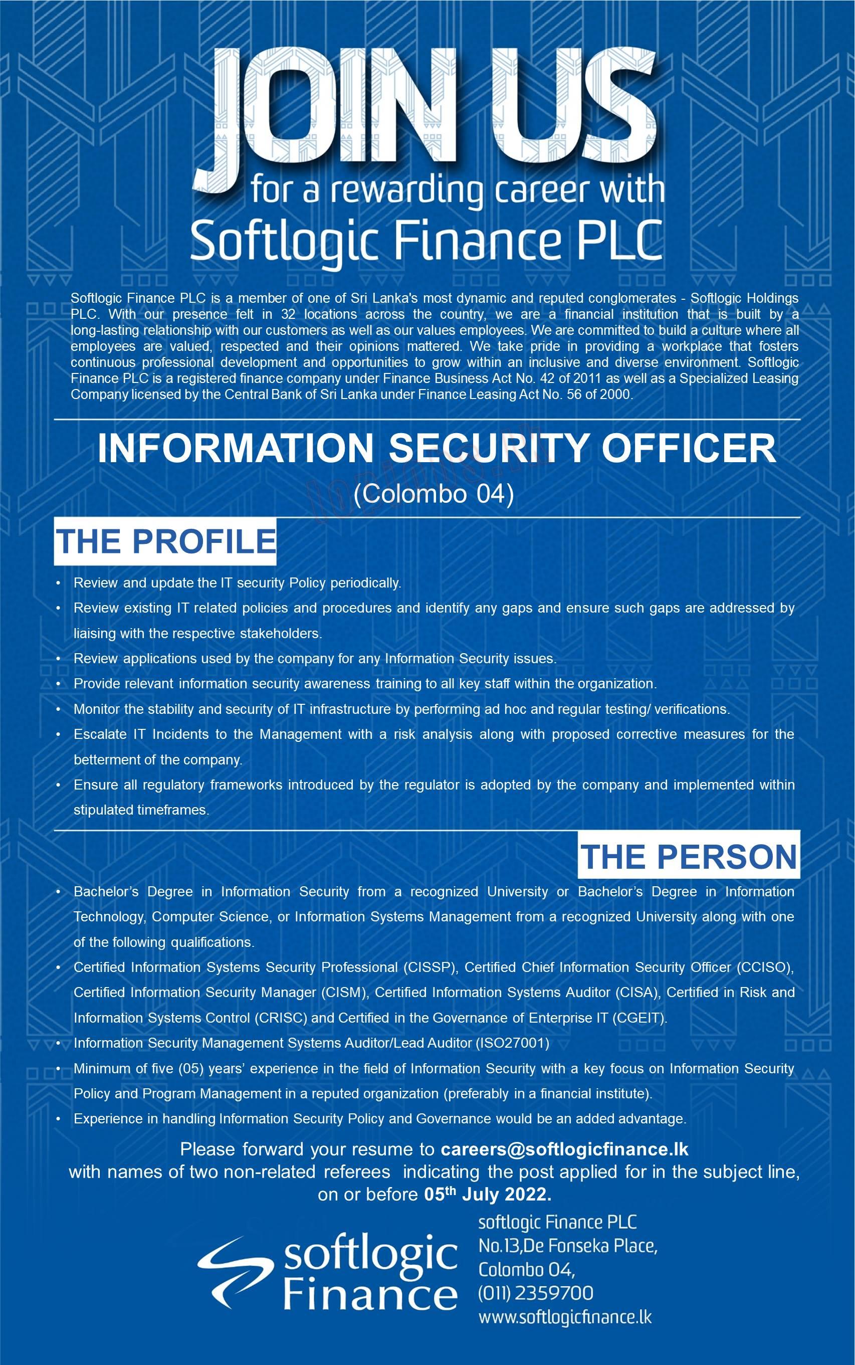  Information Security Officer Job Vacancy - Softlogic Finance Jobs Vacancies