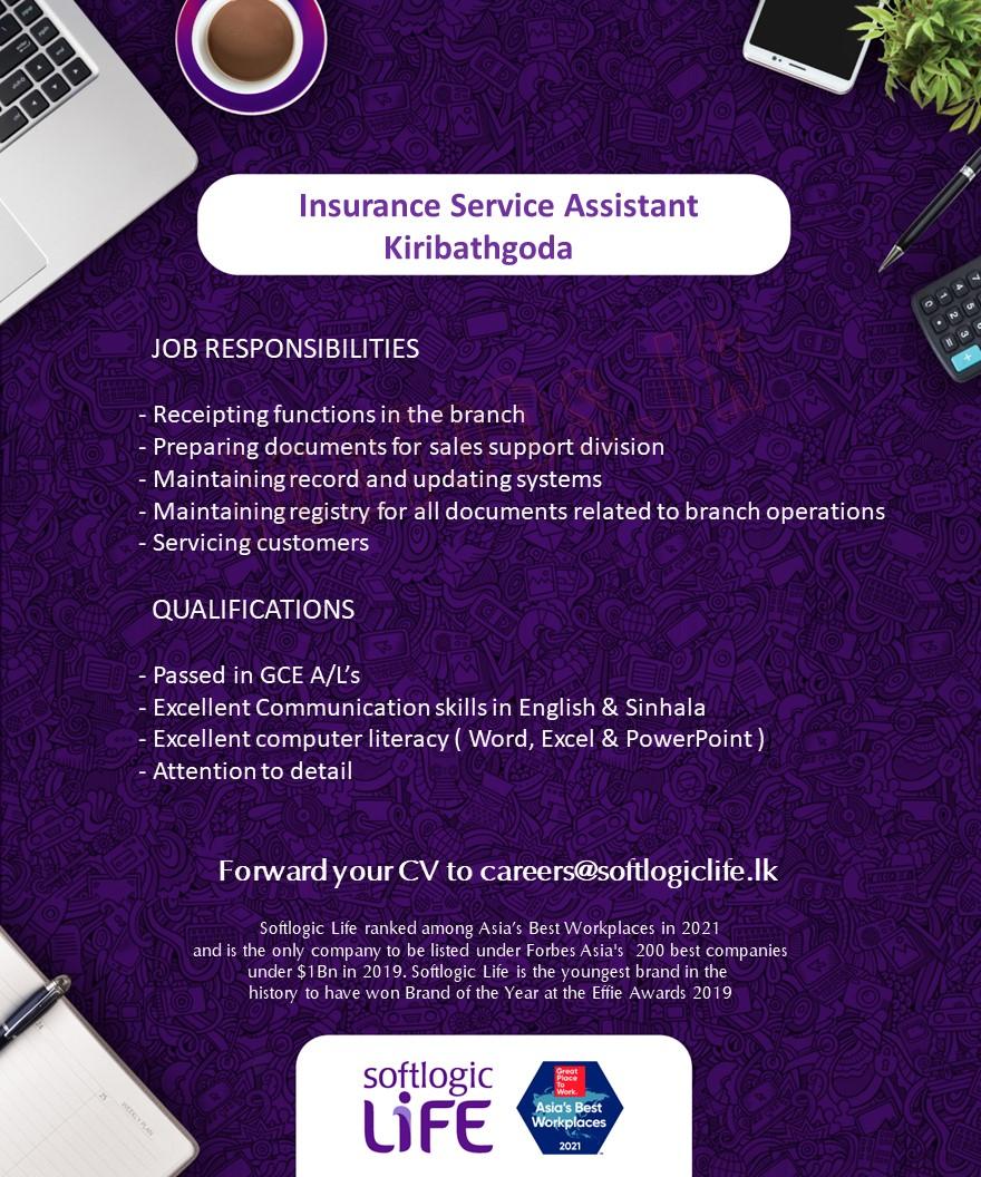 Insurance Service Assistant Vacancy - Kiribathgoda Softlogic Life Insurance Jobs Vacancies