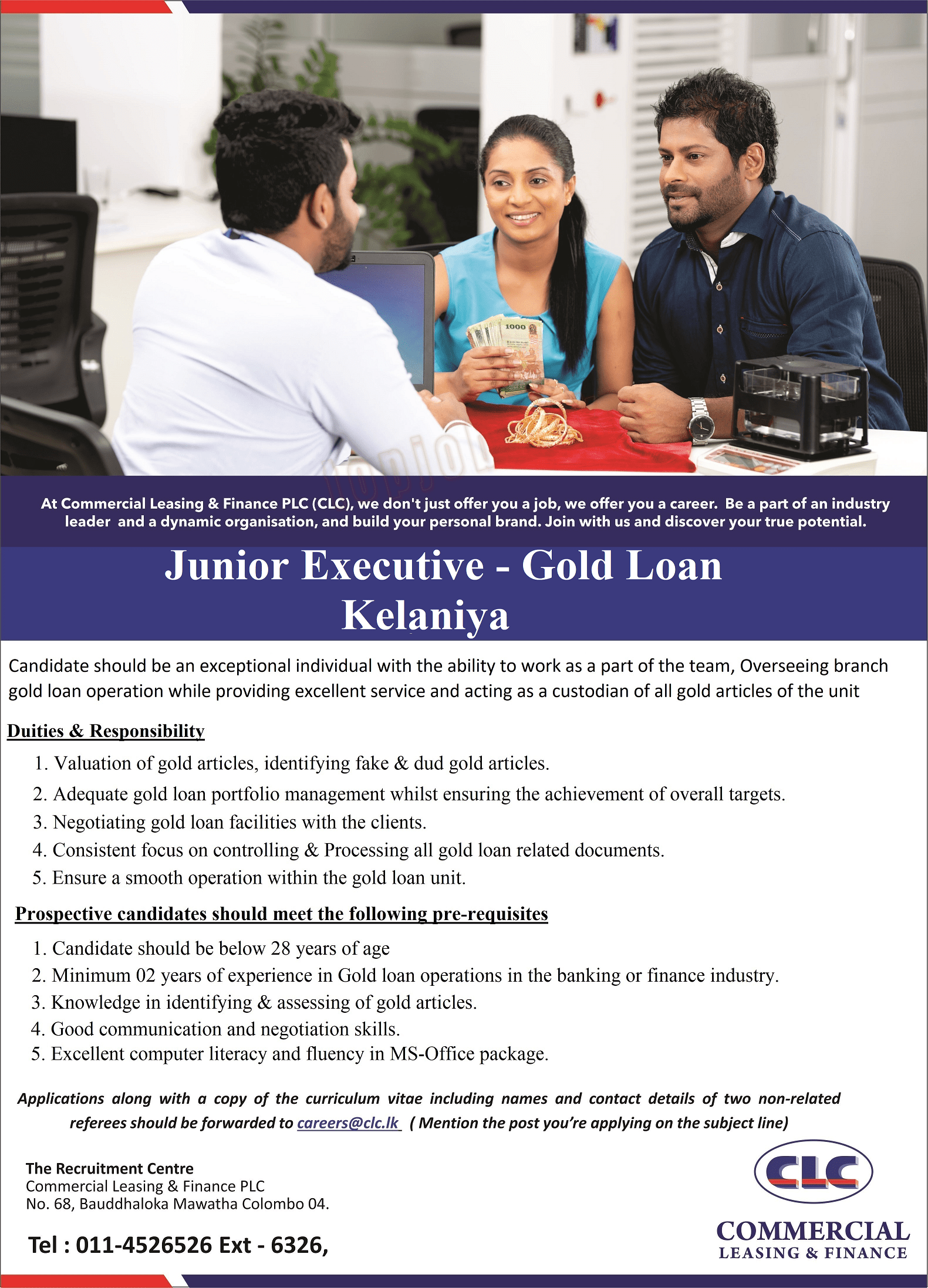 Junior Executive - Gold Loan (Kelaniya) - Commercial Leasing & Finance Jobs Vacancies