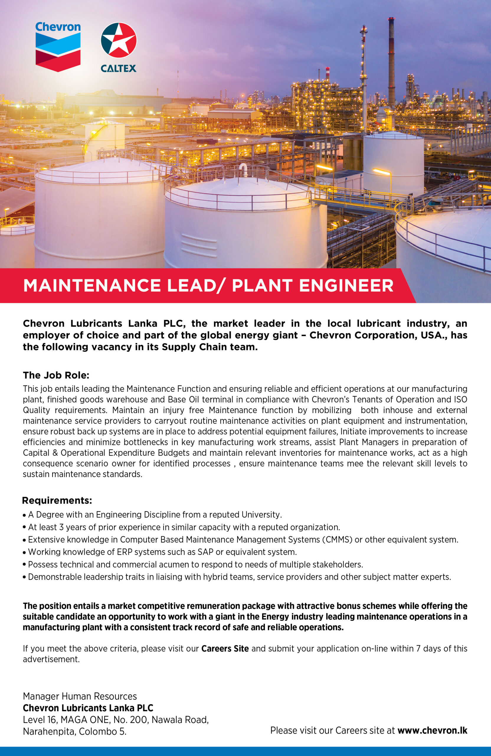 Maintenance Lead / Plan Engineer Jobs - Chevron Lubricants Lanka PLC Jobs Vacancies