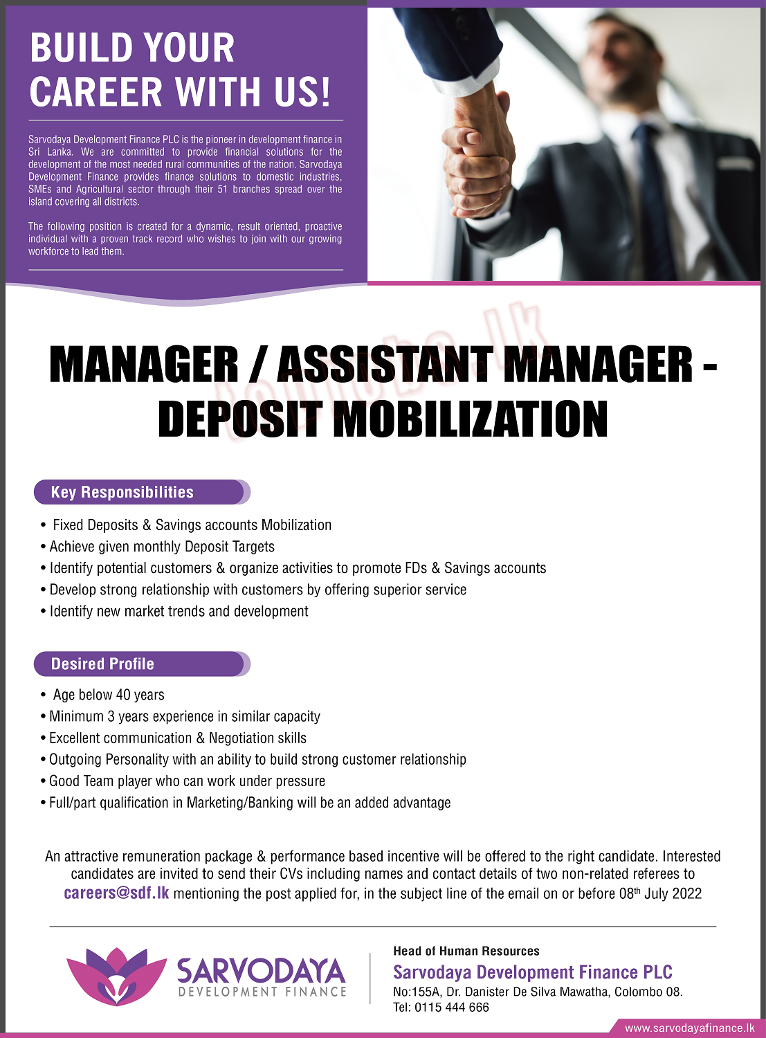 Manager / Assistant Manager (Deposit Mobilization) - Sarvodaya Finance Job Vacancy Details