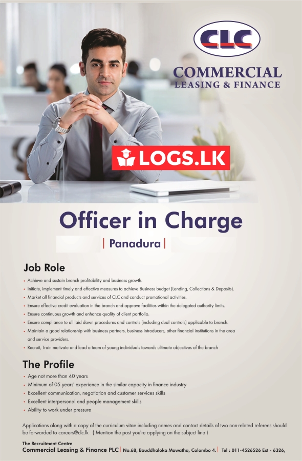 Officer In Charge Jobs Vacancies - Panadura Commercial Leasing Jobs Vacancy Details