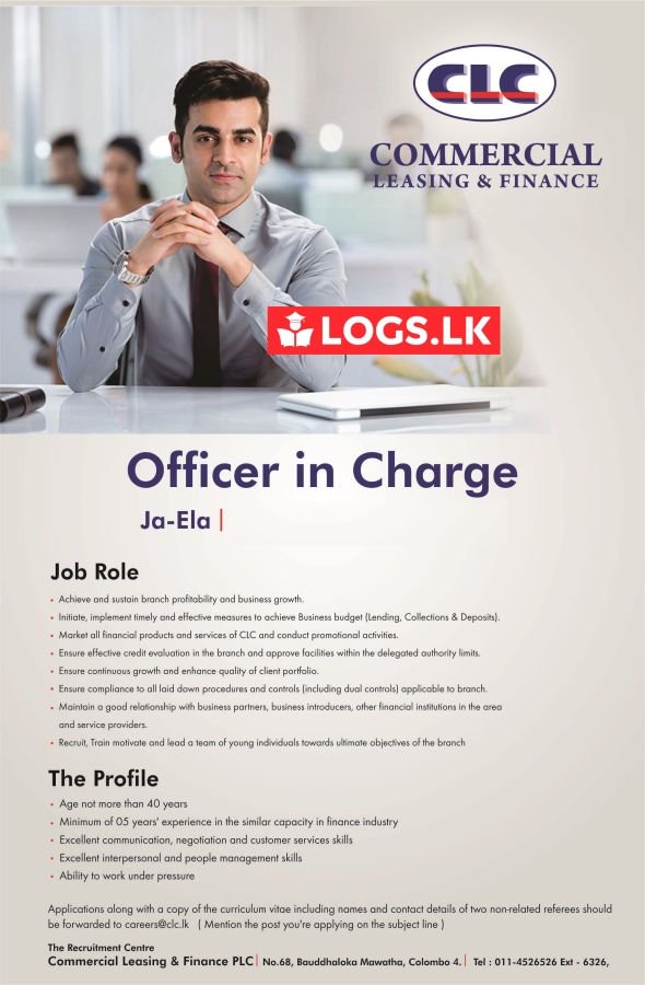 Officer In Charge Vacancies - Ja-Ela Commercial Leasing Finance Jobs Vacancy Details