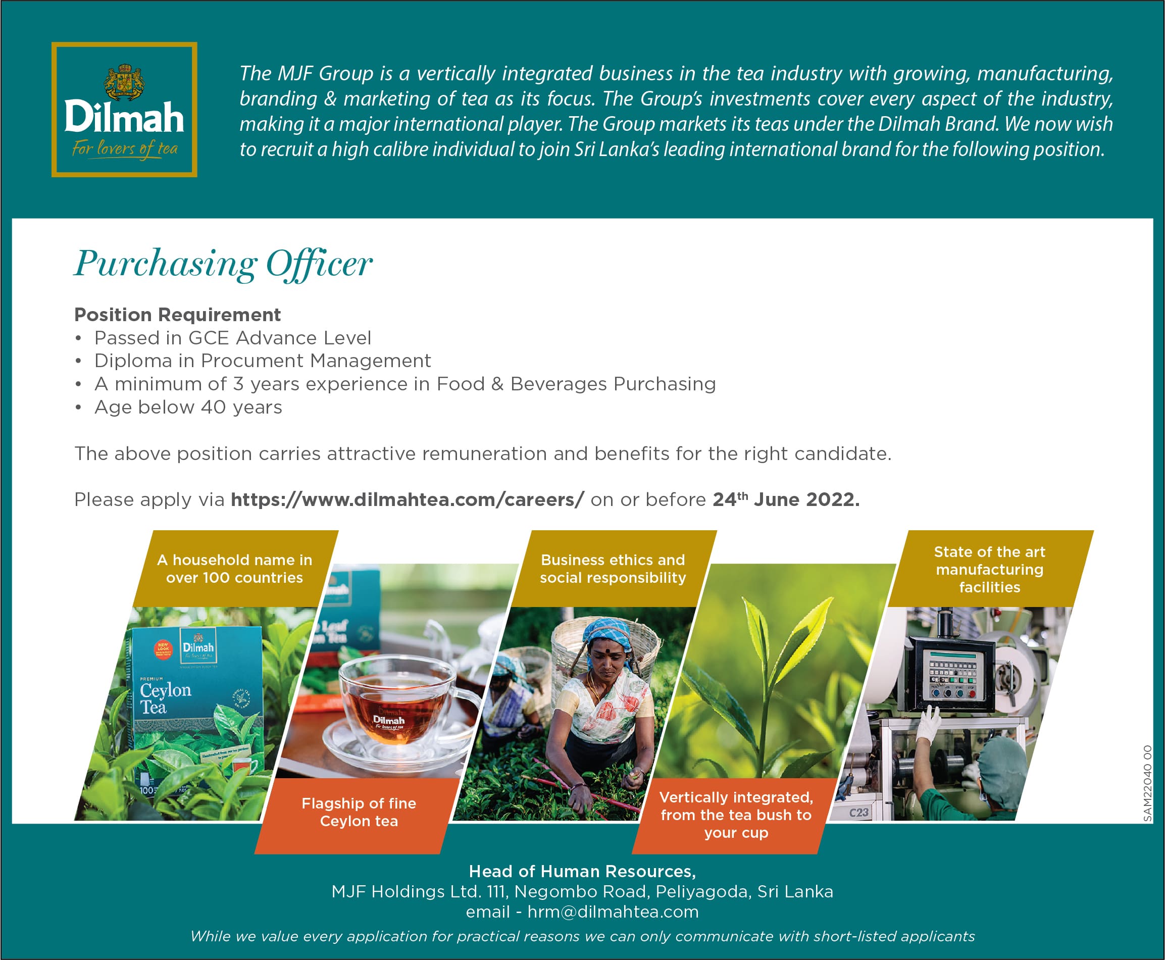 Purchasing Officer Jobs Vacancies - Dilmah Ceylon Tea Company Jobs Vacancy Details