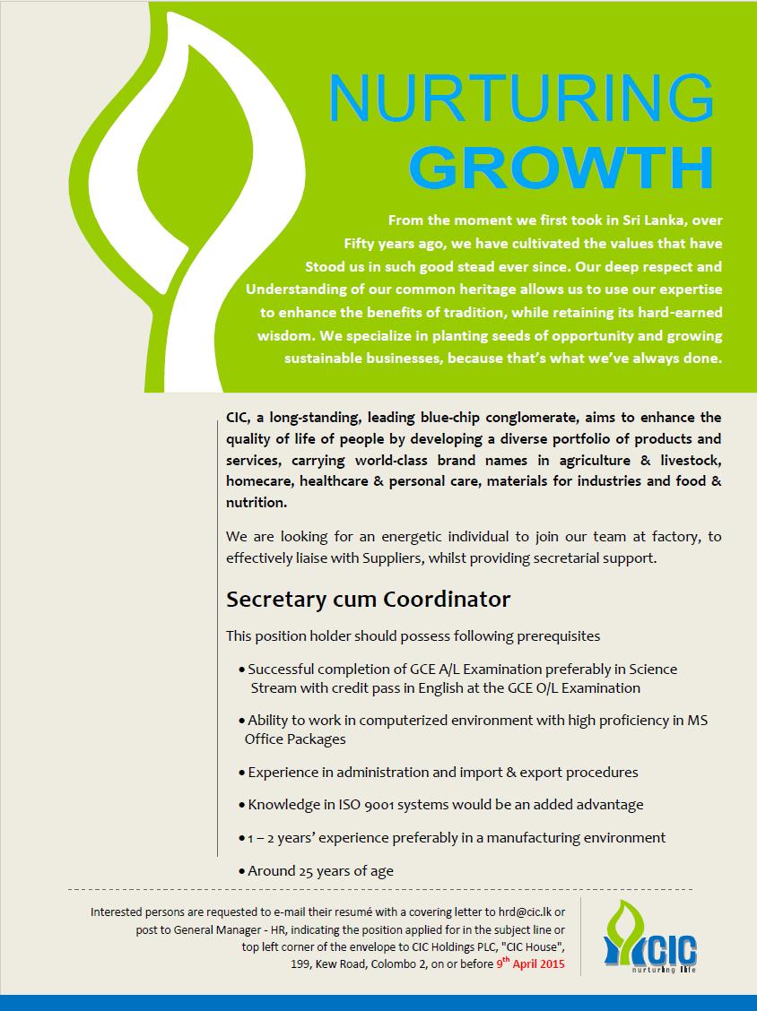 Secretary Cum Coordinator Jobs Vacancy - CIC Holdings PLC Jobs Vacancies