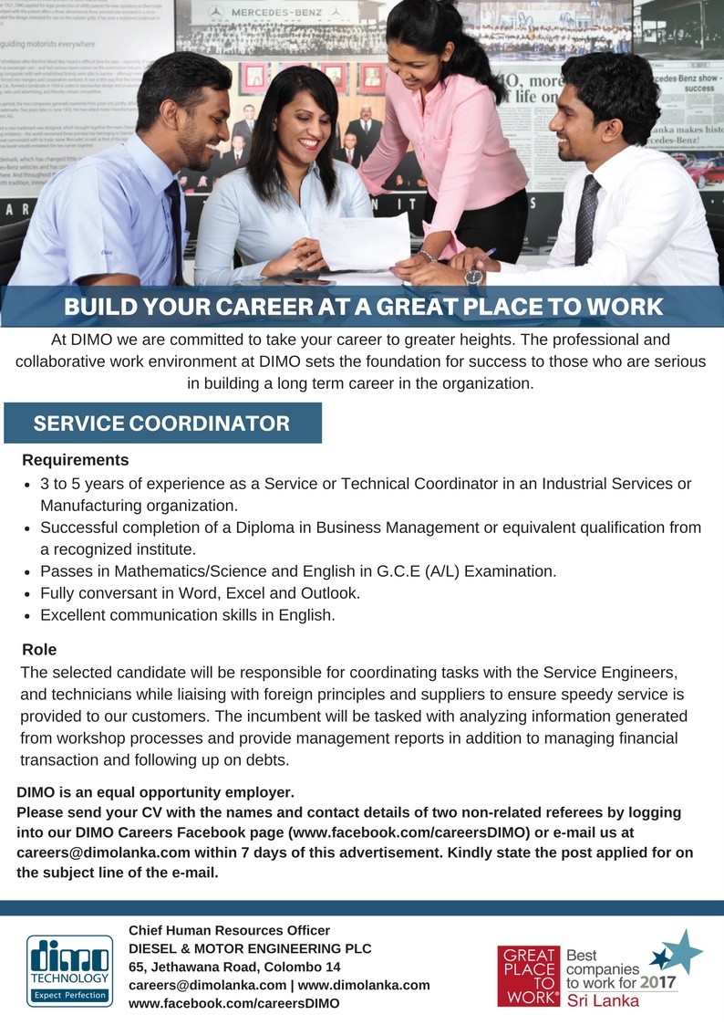 Service Coordinator Jobs Vacancies - Diesel & Motor Engineering (DIMO) Jobs Recruitment Details