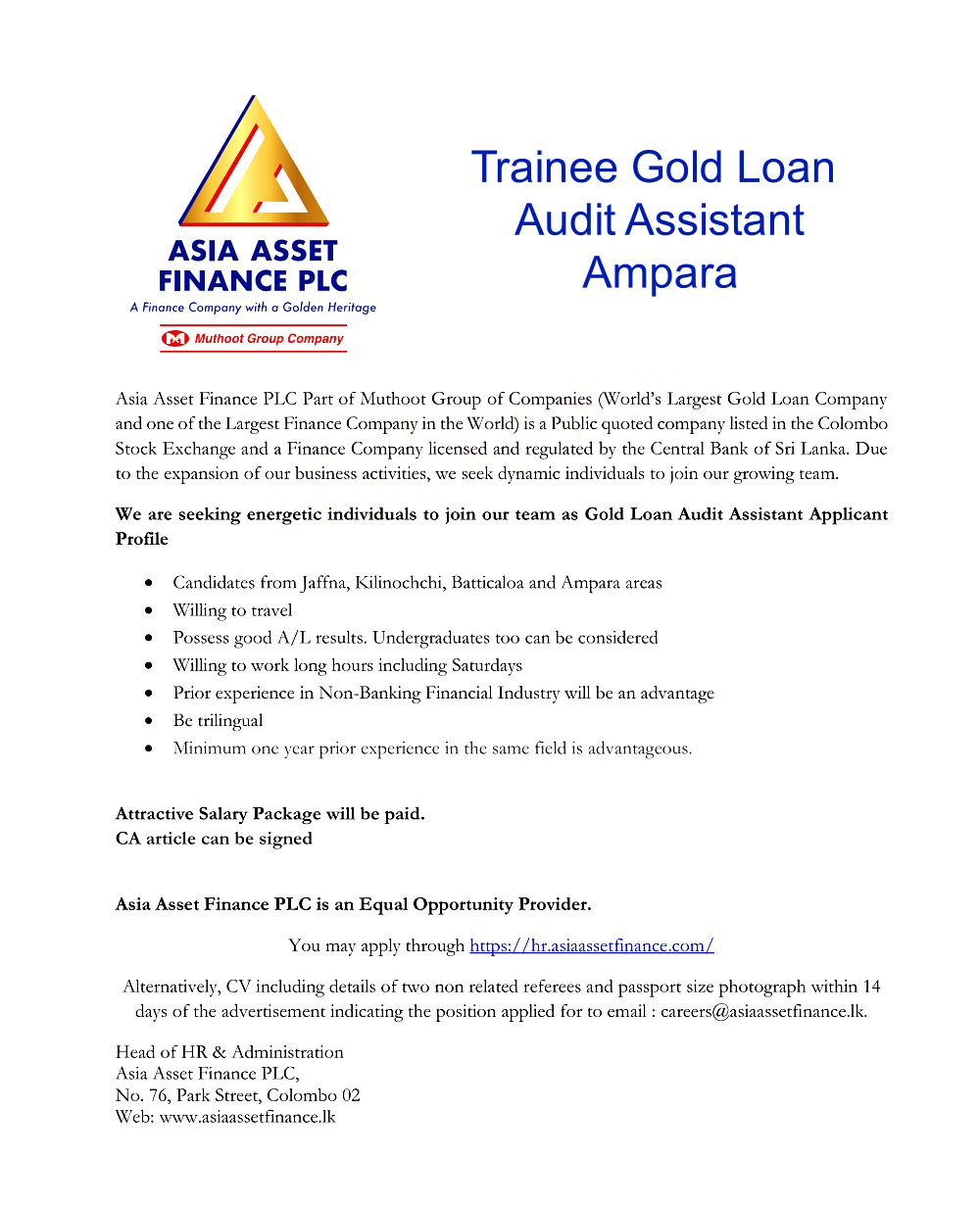 Trainee Gold Loan Audit Assistant Vacancy – Ampara Asia Asset Finance Jobs Vacancies Details
