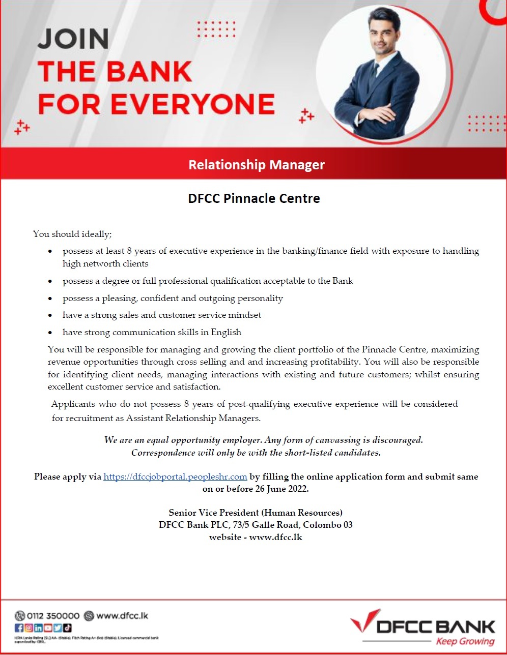 DFCC Bank Relationship Manager Vacancy at DFCC Pinnacle Centre Jobs Vacancies