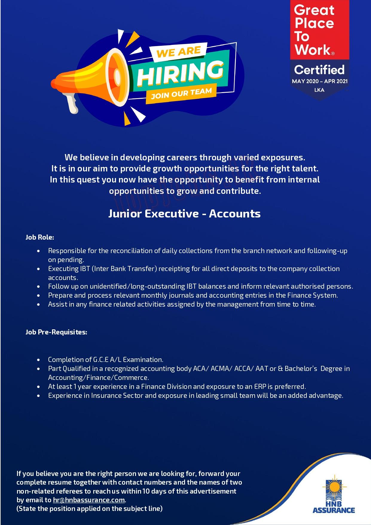 Junior Executive Jobs Vacancies - HNB Assurance PLC Jobs Recruitments