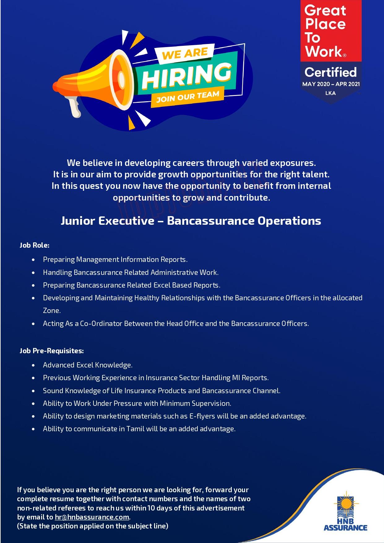 Junior Executive of Bancassurance Operations Vacancy - HNB Assurance Jobs Vacancies