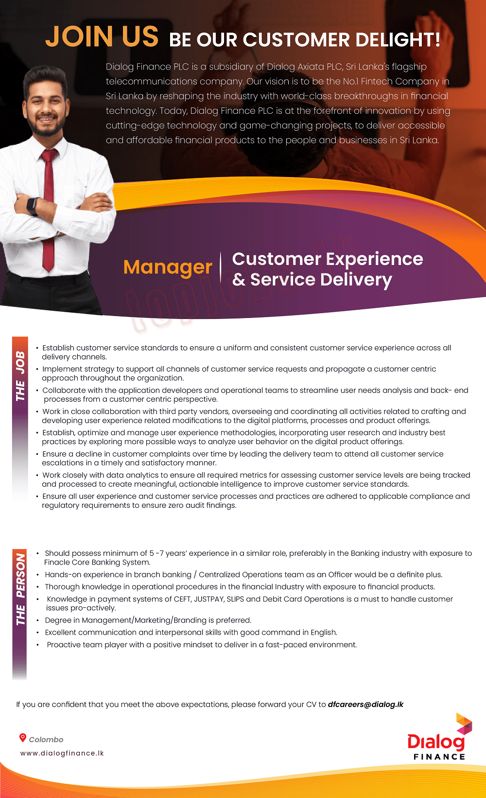 Manager - Customer Experience & Service Delivery - Dialog Finance Jobs Vacancies Details