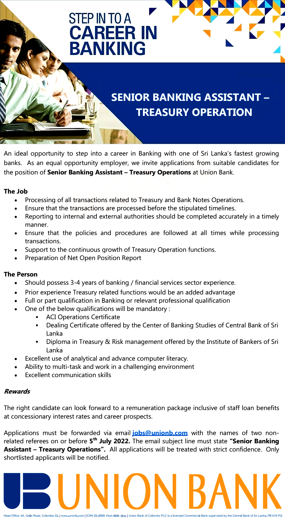 Senior Banking Assistant (Treasury Operation) Job Vacancy - Union Bank Jobs Vacancies