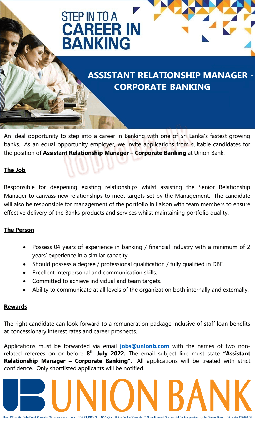 Assistant Relationship Manager (Corporate Banking) - Union Bank Jobs Vacancies