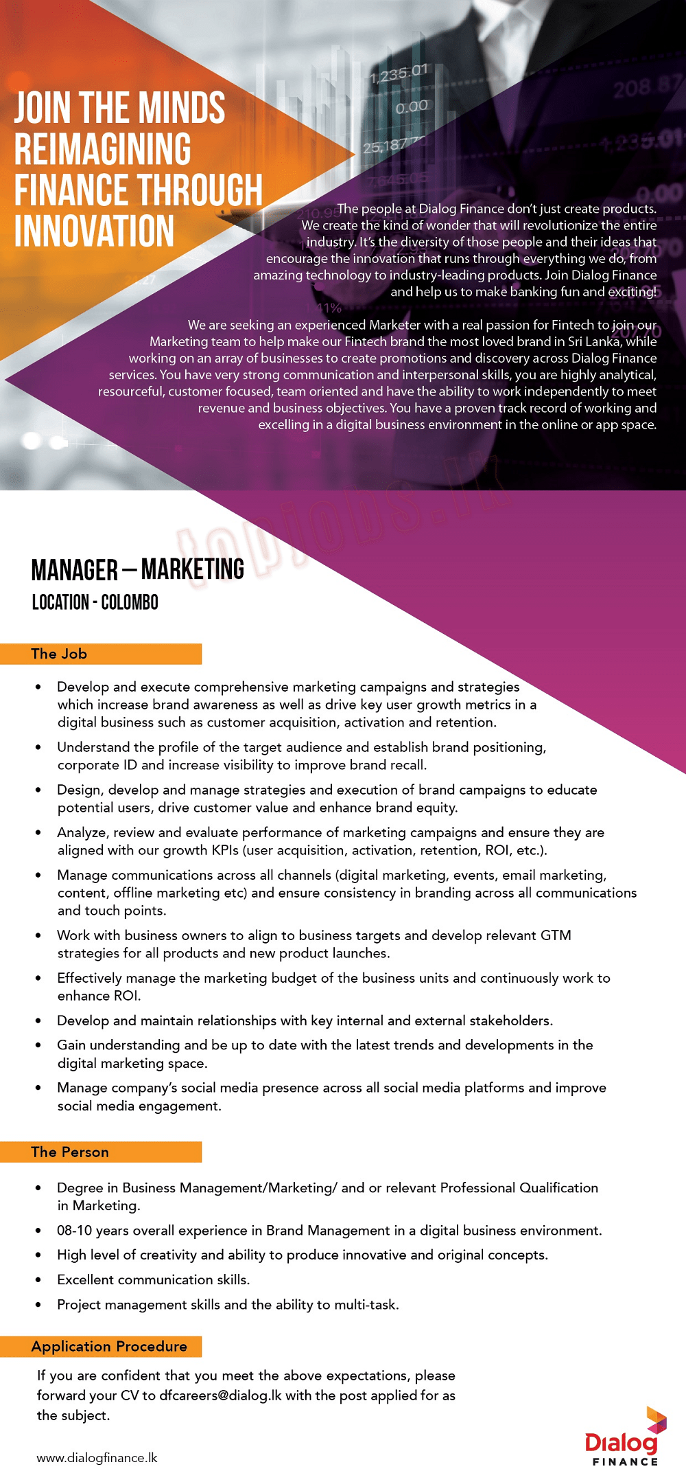 Manager - Marketing (Colombo) Job Vacancy - Dialog Finance Jobs Vacancies