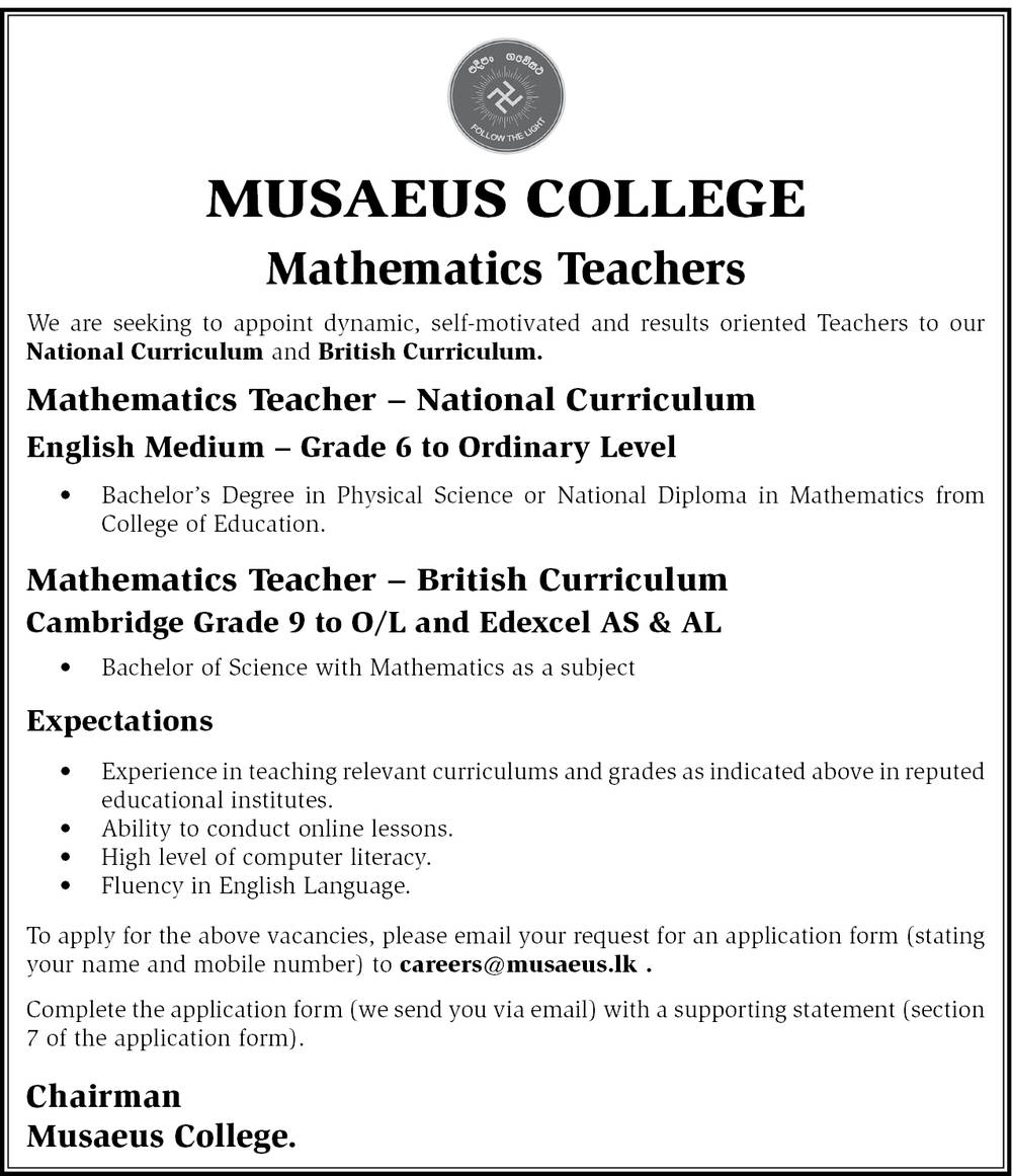 Mathematics Teachers Jobs Vacancies - Musaeus College Jobs Recruitments