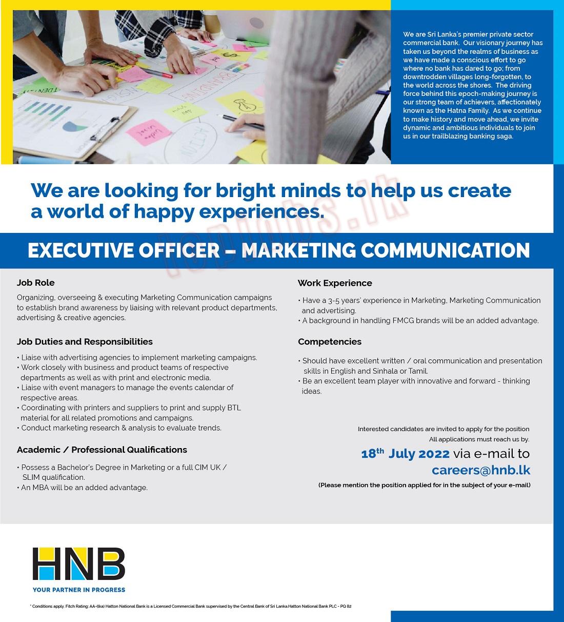 Executive Officer (Marketing Communication) Vacancy - HNB Bank Jobs Vacancies