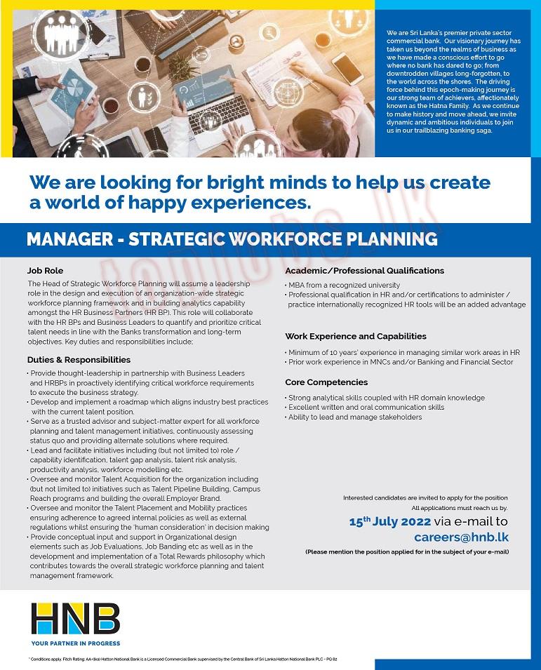 Manager (Strategic Workforce Planning) Job Vacancy - HNB Bank Jobs Vacancies Details