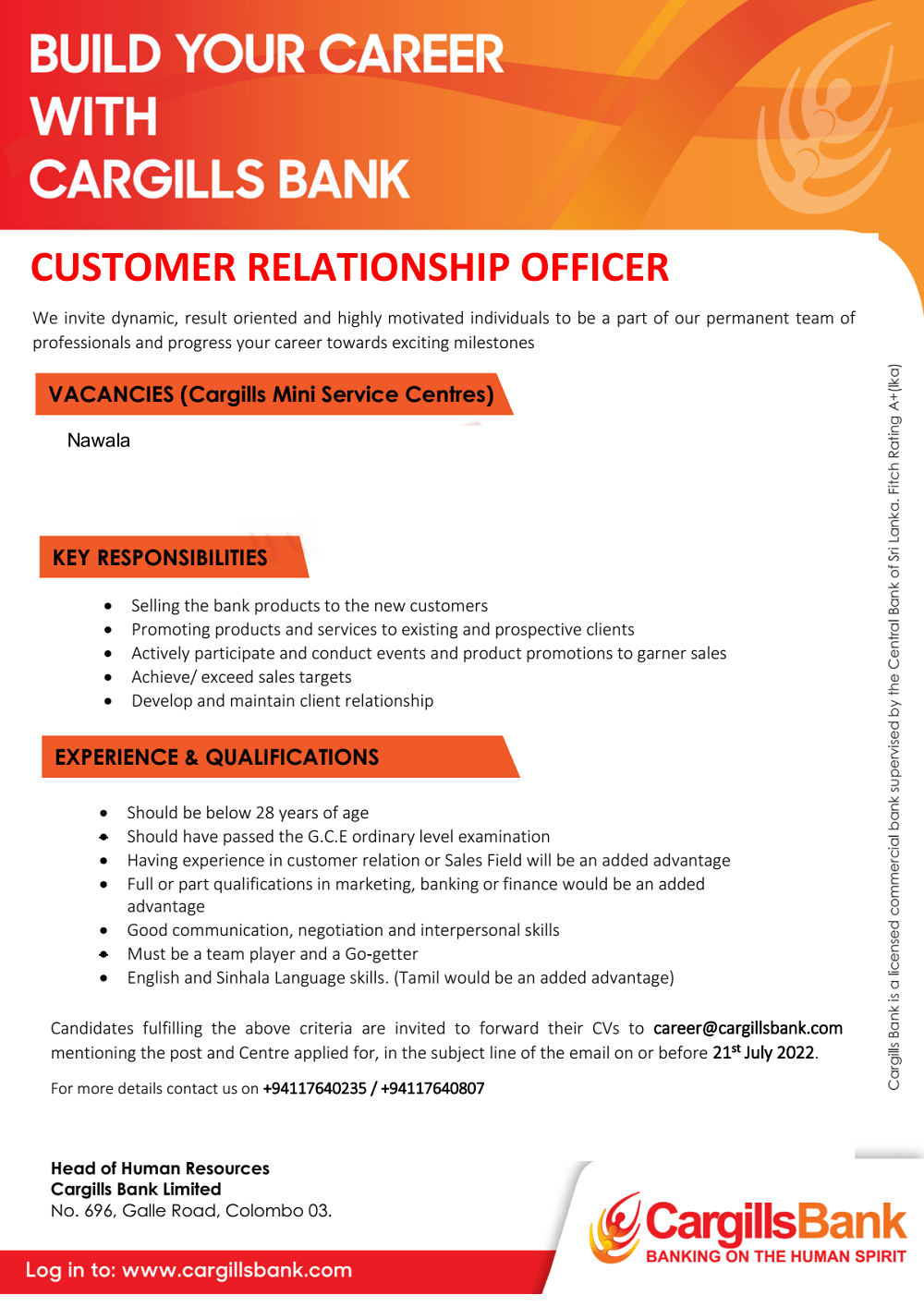 Customer Relationship Officer Job Vacancy in Nawala Cargills Bank Jobs Vacancies Details