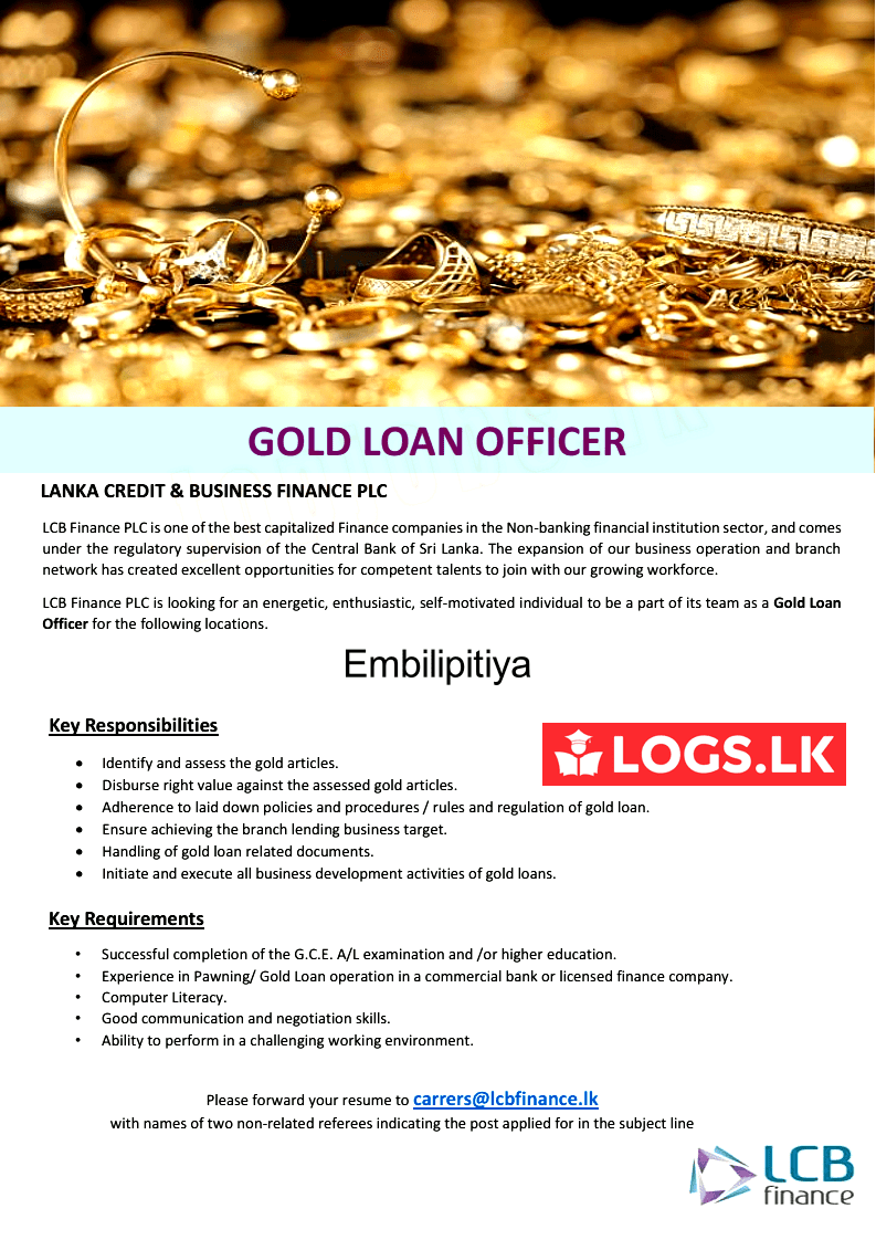 Gold Loan Officer Job Vacancy in Embilipitiya LCB Finance Jobs Vacancies