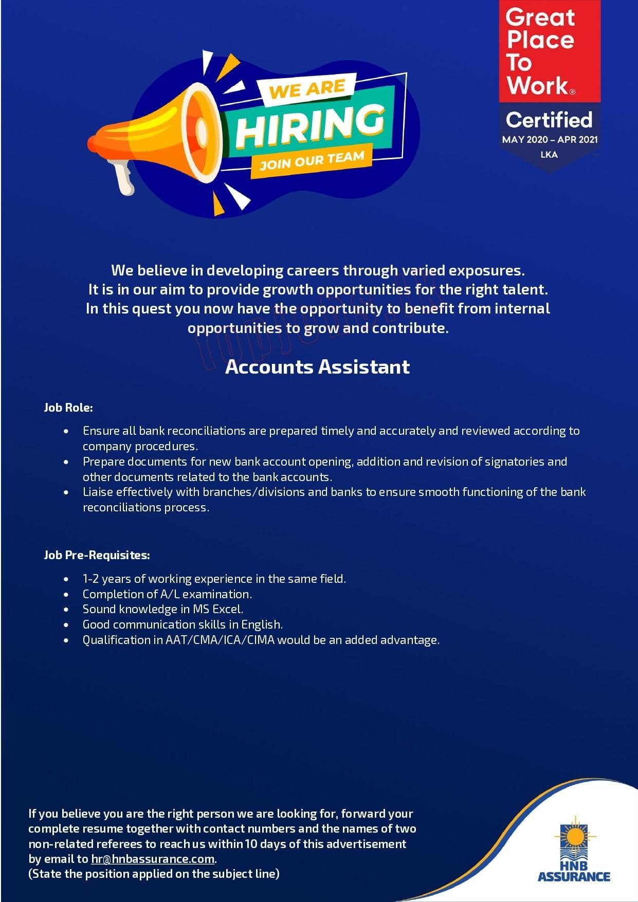 Accounts Assistant Job Vacancy in HNB Assurance Jobs Vacancies Details