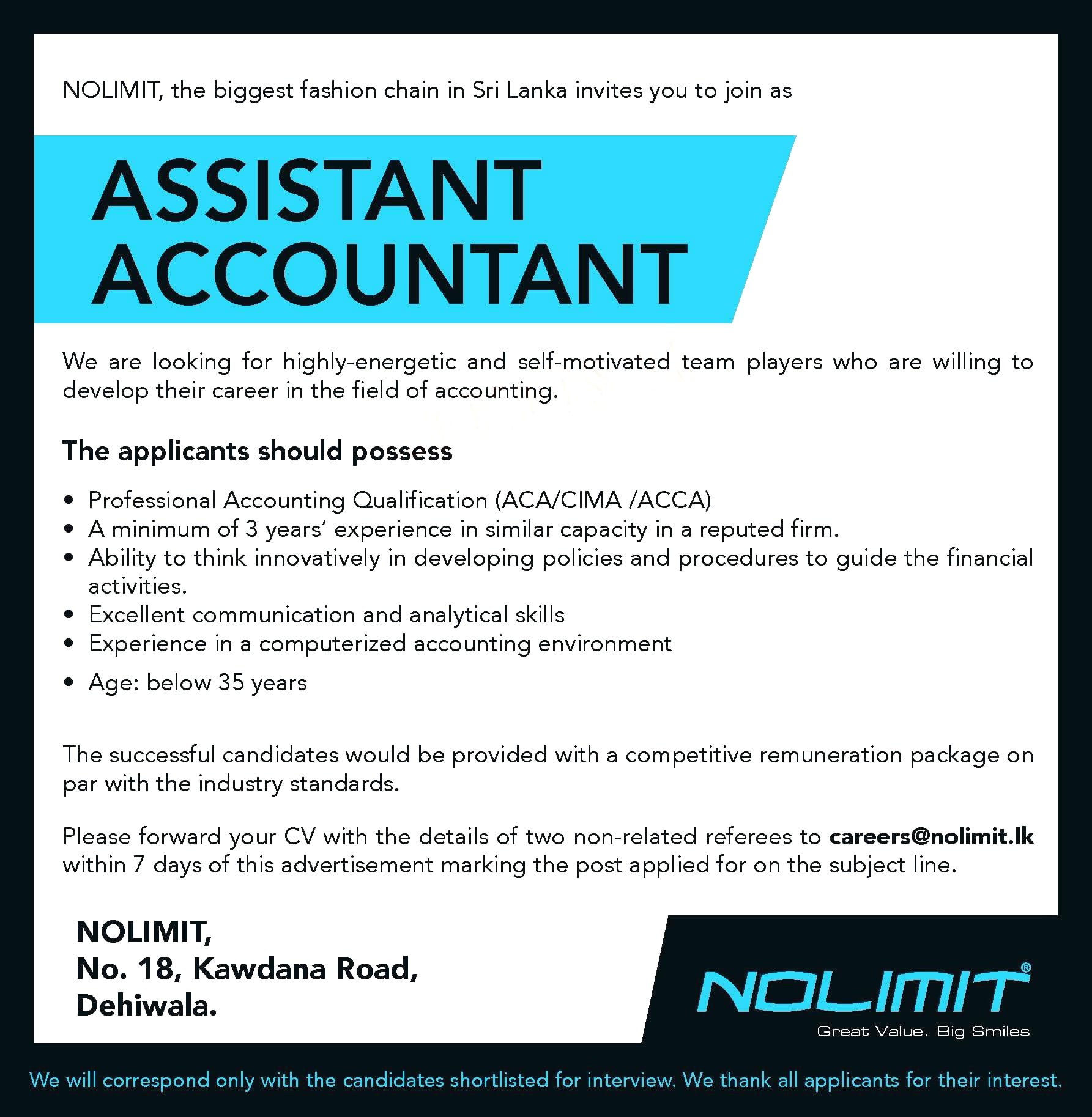 Assistant Accountant Job Vacancy in NOLIMIT Jobs Vacancies Details