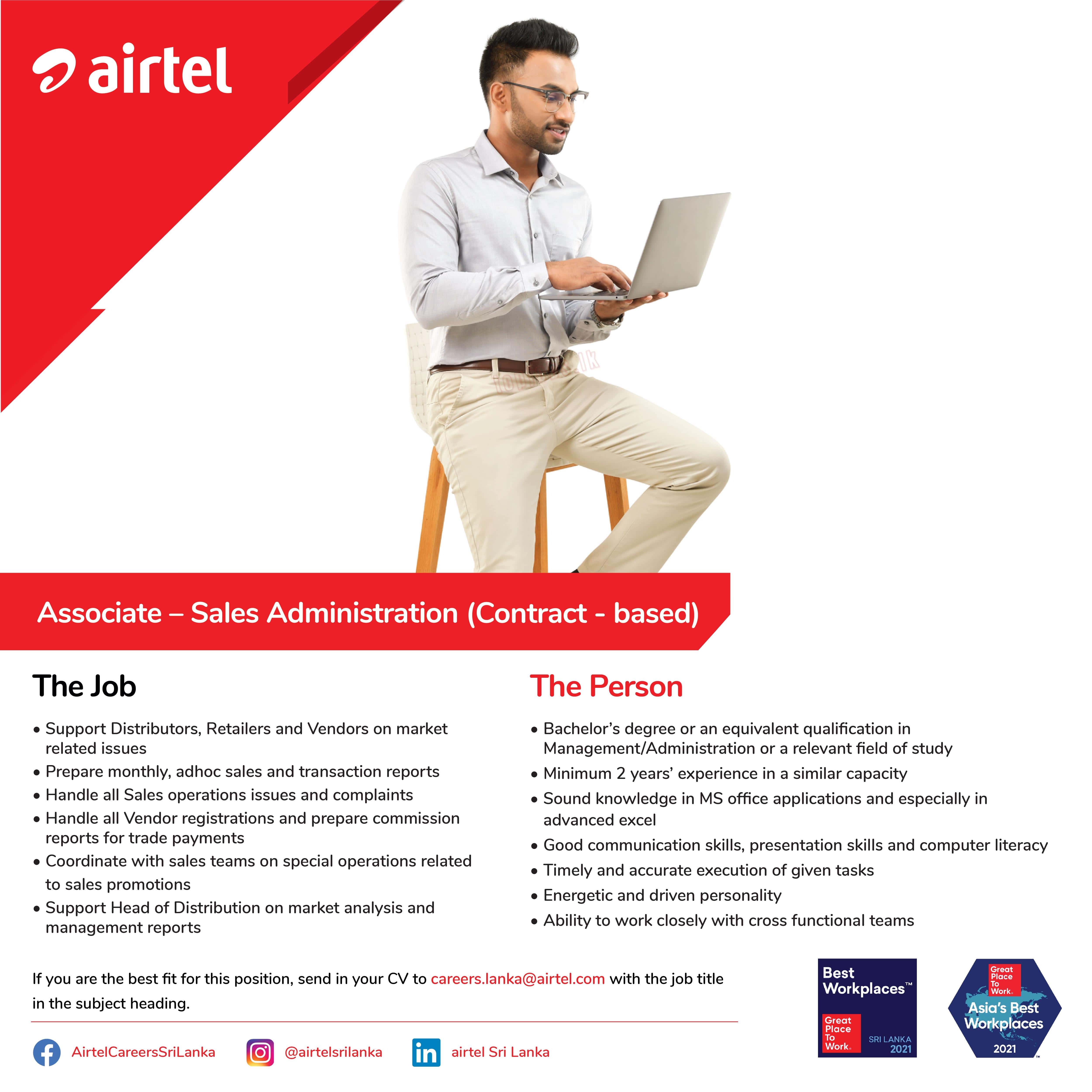 Associate (Sales Administration) Job Vacancy in Airtel Sri Lanka Jobs Vacancies Details